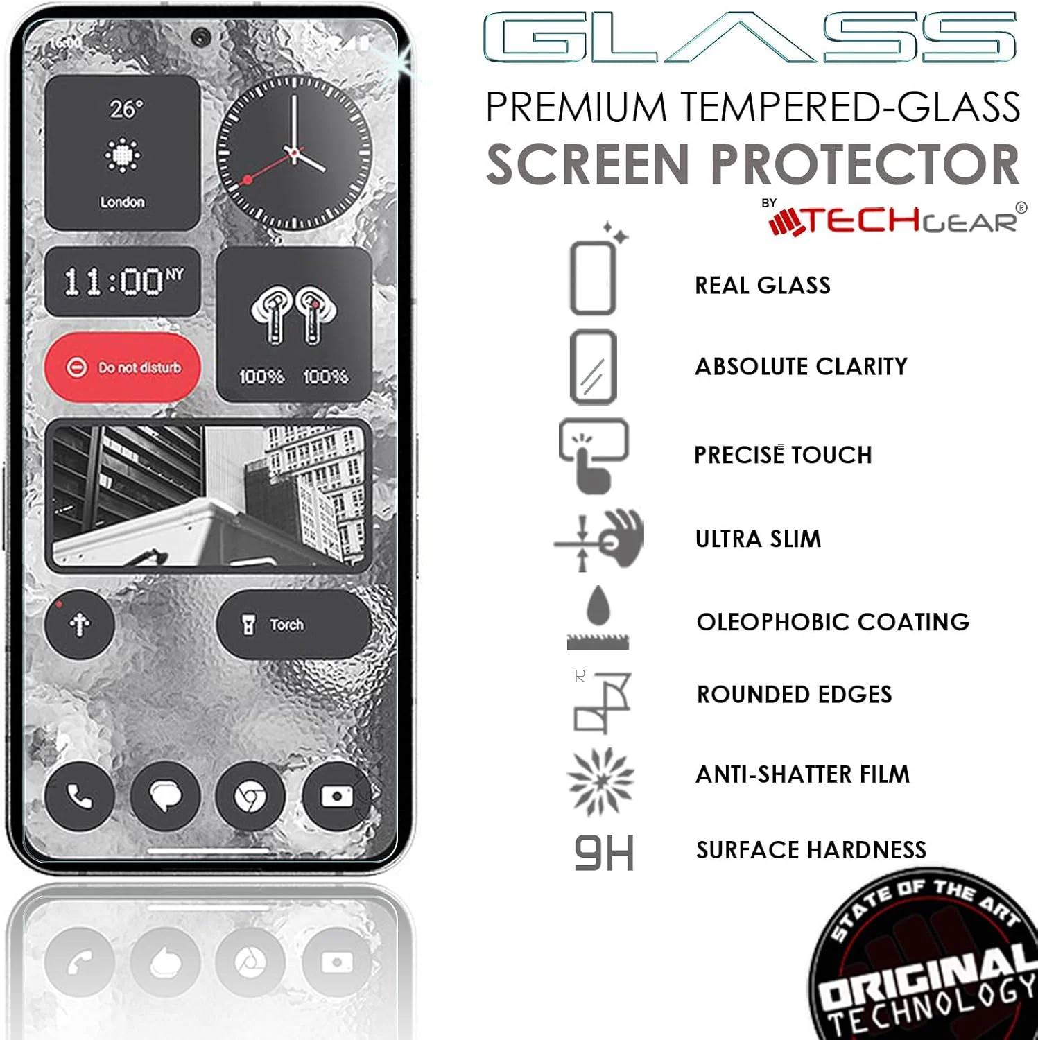 محافظ صفحه نمایش شیشه ای TECHGEAR سازگار با Nothing Phone 2a، بسته 2 عددی، شیشه حرارت دیده با لبه های گرد 2.5D، سختی 9H، شفافیت کریستالی، مقاوم در برابر خراش، بدون حباب