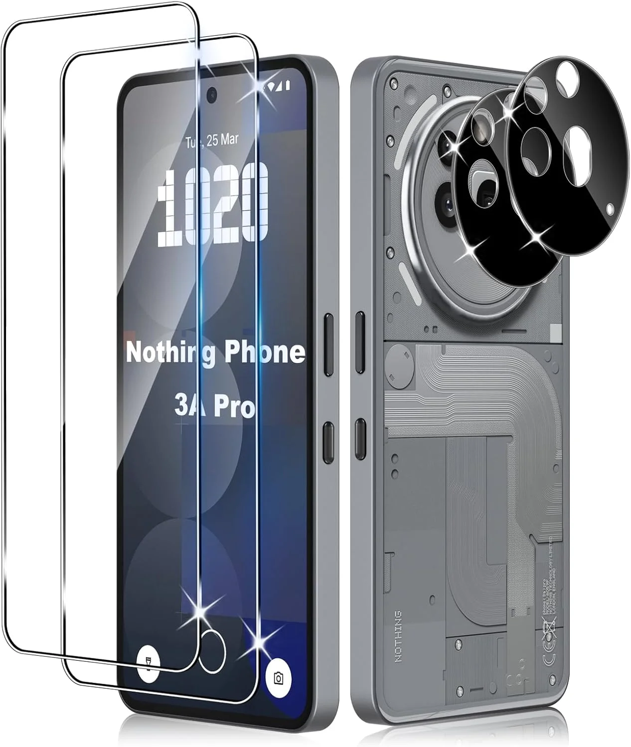محافظ صفحه نمایش شیشه ای لیلا مناسب برای ناتینگ فون 3a Pro، شامل 2 عدد محافظ صفحه نمایش و 2 عدد محافظ لنز دوربین پشتی، ضد خش، شیشه با سختی 9H، شفافیت HD