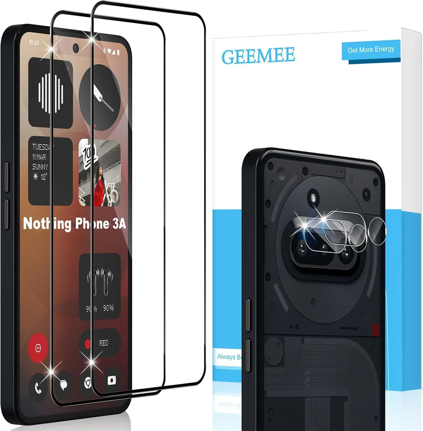 محافظ صفحه نمایش شیشه ای تمپرد GEEMEE برای Nothing Phone 3A، بسته 2 عددی محافظ صفحه نمایش با 2 محافظ دوربین، سختی 9H، شفاف HD، ضد خش، پوشش کامل