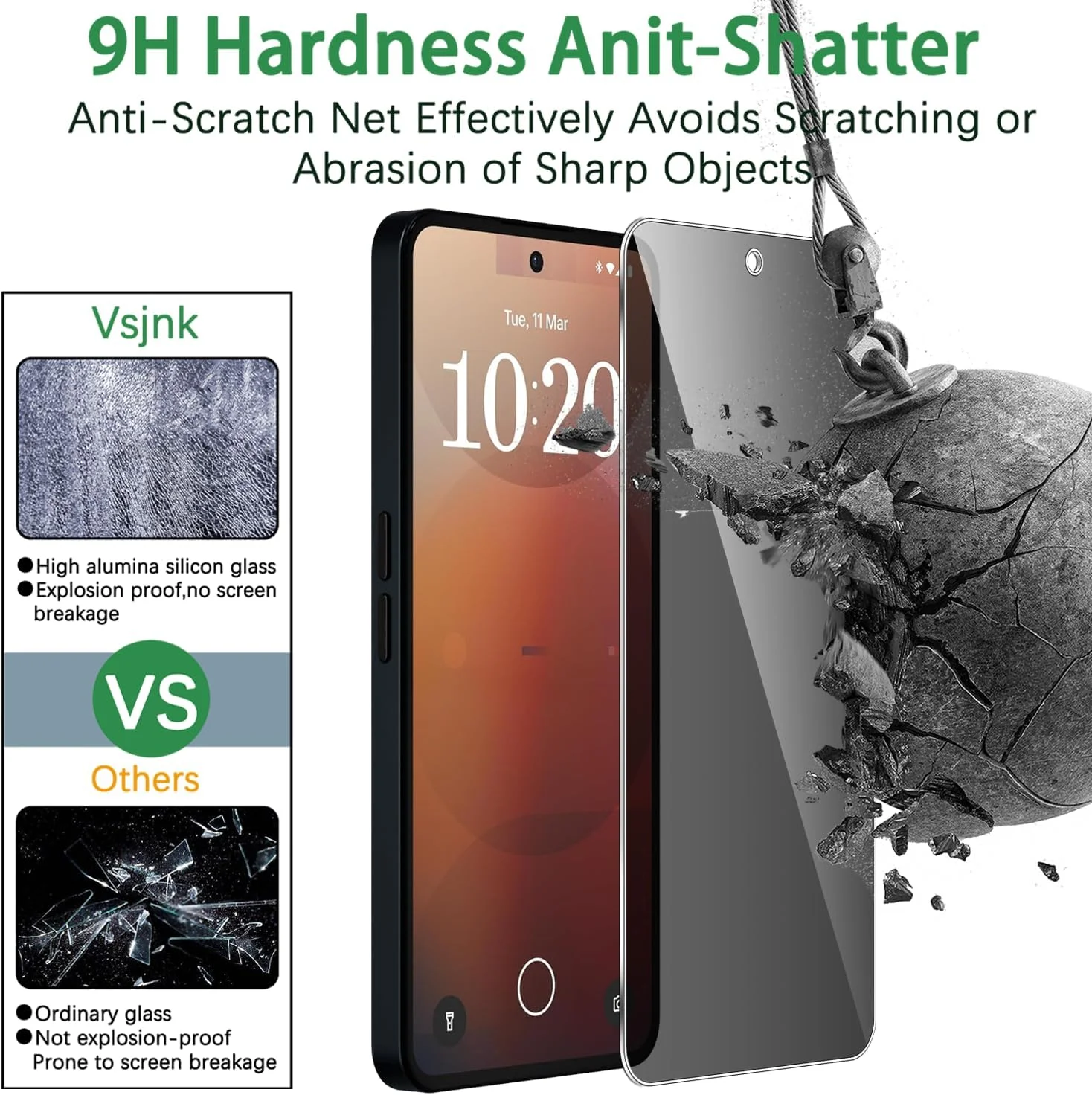 محافظ صفحه نمایش شیشه ای حرارت دیده Vsjnk سازگار با ناتینگ فون 3a / 3a Pro، محافظ صفحه نمایش ضد جاسوسی، 3 عدد محافظ صفحه نمایش HD شیشه ای با سختی 9H، بدون حباب، ضد خش