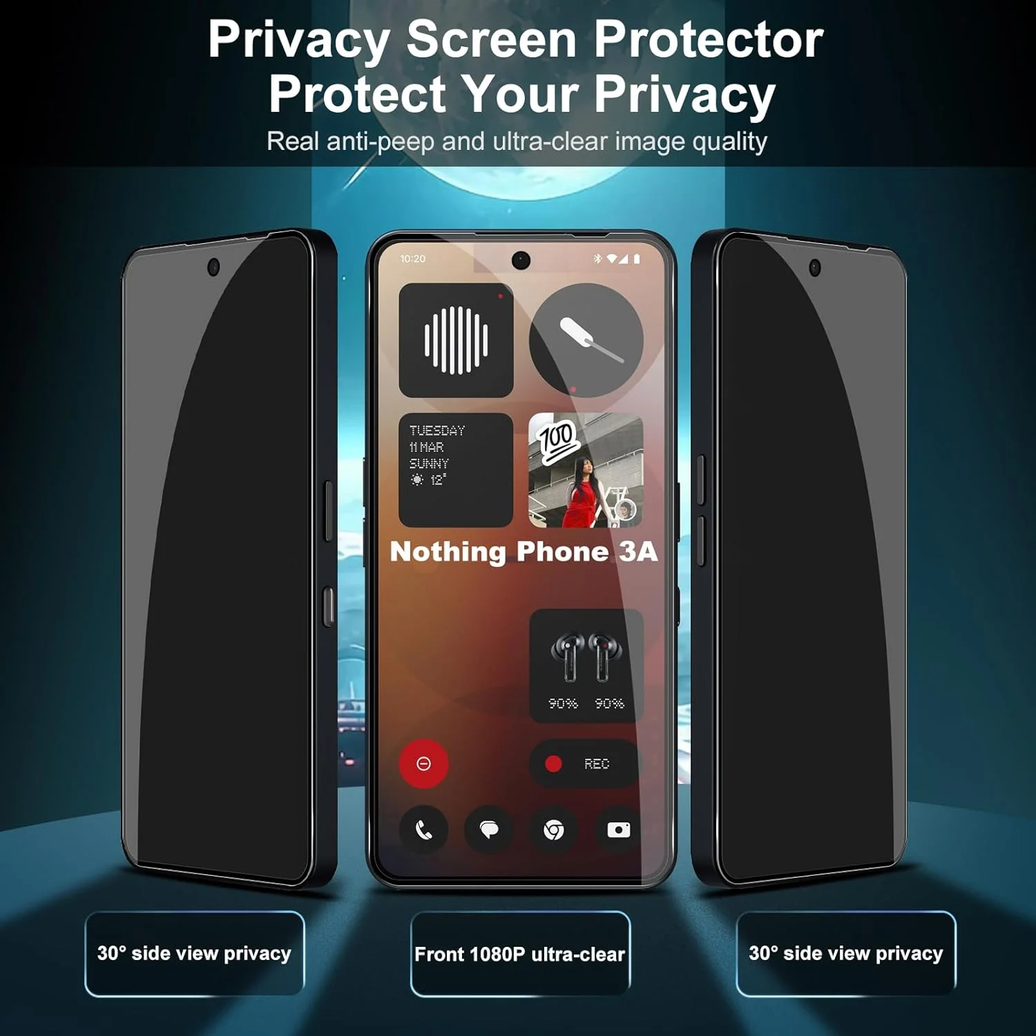 محافظ صفحه نمایش شیشه ای حرارت دیده Lutree برای Nothing Phone 3a، محافظ حریم خصوصی، 2 + 2 تکه شیشه محافظ ضد جاسوسی + فیلم محافظ دوربین (مشکی)، سختی 9H، ضد خش HD، حریم خصوصی