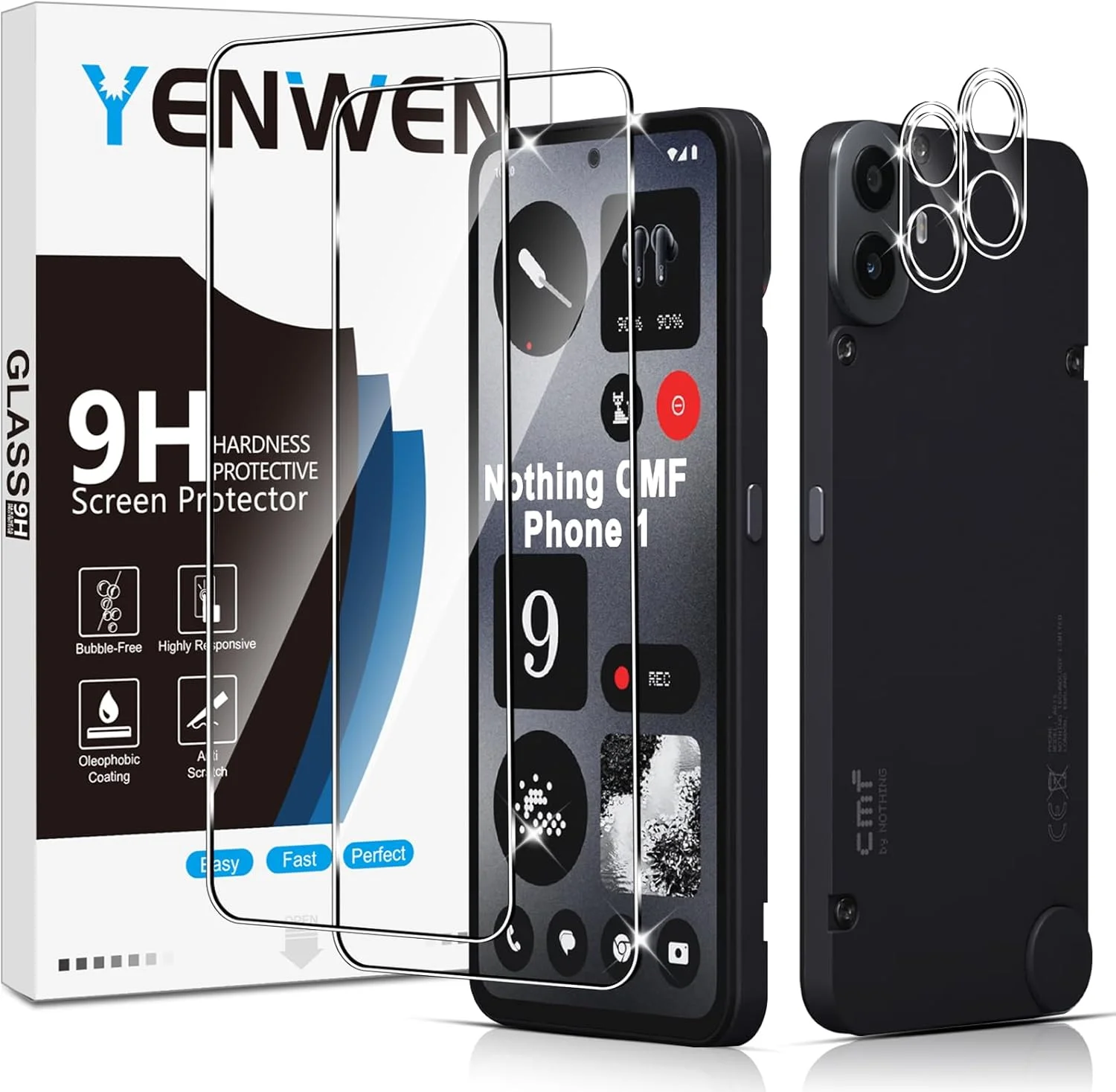 محافظ صفحه نمایش Yenwen برای گوشی Nothing CMF Phone 1، بسته 2 عددی محافظ صفحه شیشه ای حرارت دیده به همراه 2 عدد محافظ دوربین، شیشه محافظ سخت با درجه سختی 9H، ضد خش برای تلفن همراه