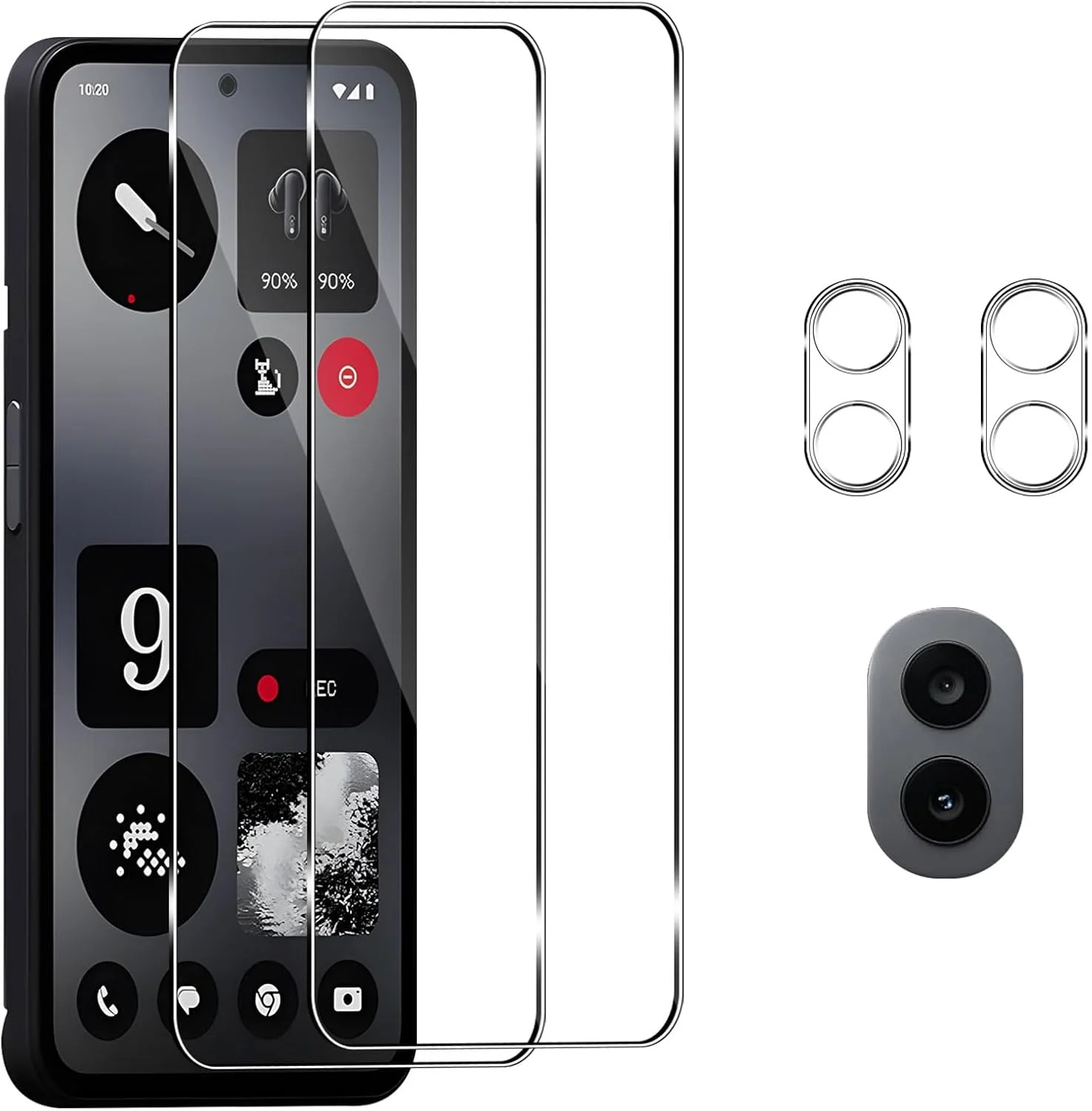 محافظ صفحه نمایش Pkila برای گوشی Nothing CMF Phone 1، بسته 2+2 فیلم محافظ شیشه ای حرارت دیده و محافظ لنز دوربین با مجموعه نصب آسان سختی 9H واکنش لمسی بالا محافظ صفحه نمایش HD