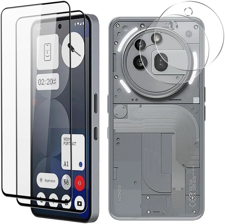 محافظ صفحه نمایش سازگار با Nothing Phone 3a Pro از QJONSIU، [2 عدد] محافظ صفحه نمایش تمام صفحه، [2 عدد] محافظ لنز دوربین شیشه ای حرارت دیده شفاف HD، [ضد خش]