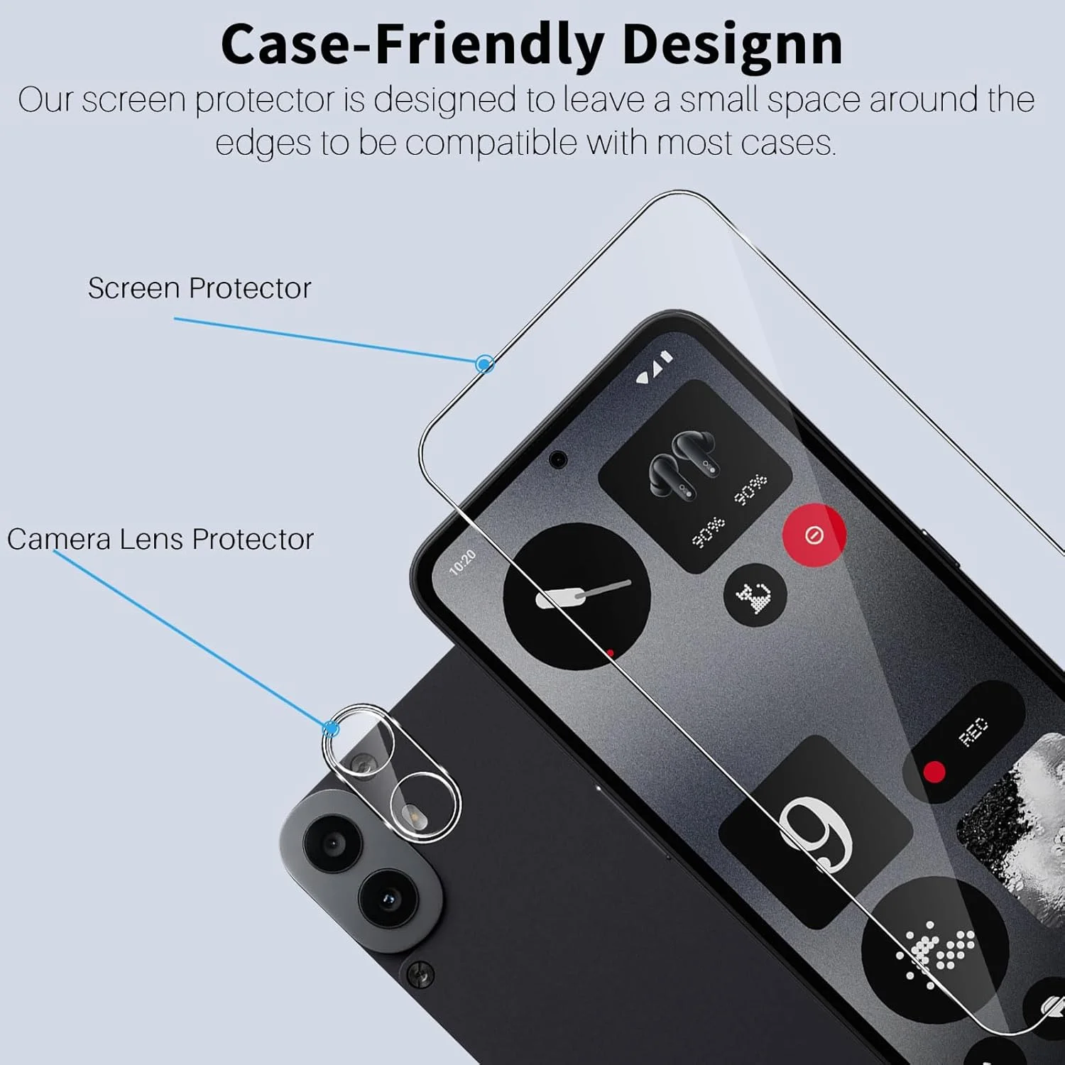 محافظ صفحه نمایش Pkila برای گوشی Nothing CMF Phone 1، بسته 2+2 فیلم محافظ شیشه ای حرارت دیده و محافظ لنز دوربین با مجموعه نصب آسان سختی 9H واکنش لمسی بالا محافظ صفحه نمایش HD