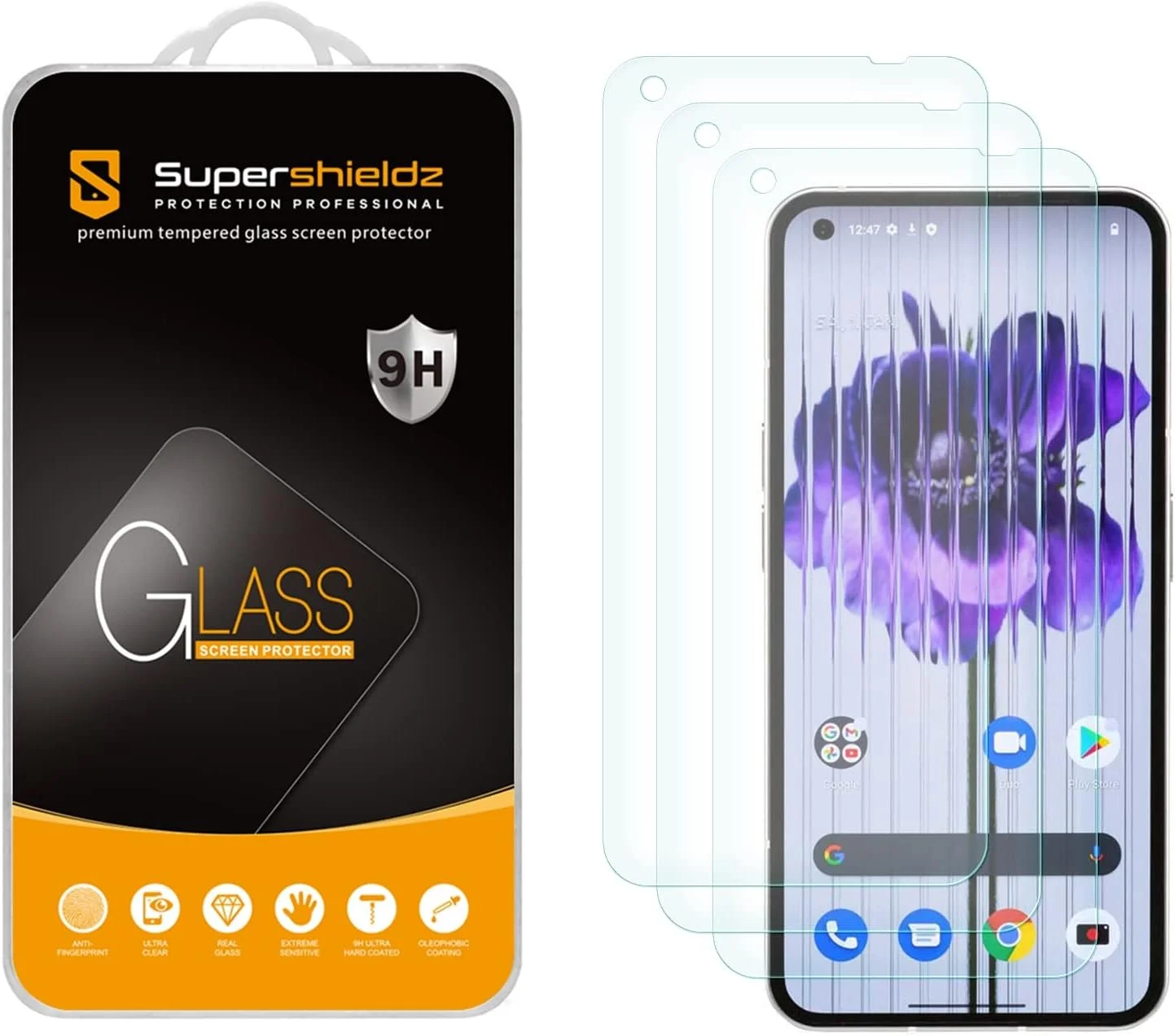 محافظ صفحه نمایش شیشه ای حرارت دیده سوپرشیلدز (3 عددی) طراحی شده برای Nothing Phone 1، ضد خش، بدون حباب
