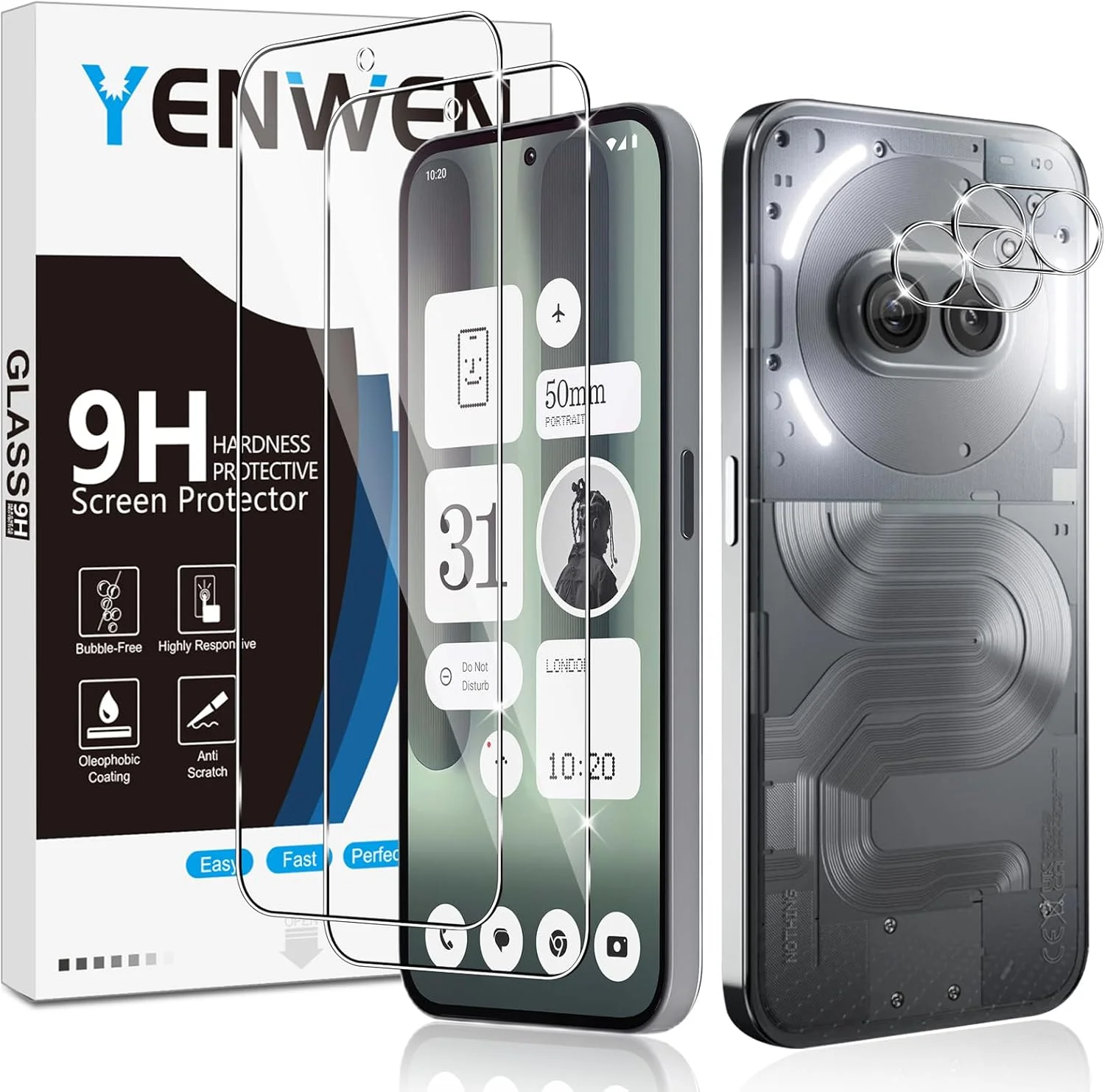 محافظ صفحه نمایش شیشه ای حرارت دیده Yenwen سازگار با Nothing Phone (2a) / Phone (2a) Plus، 2 عدد محافظ صفحه نمایش و 2 عدد محافظ دوربین عقب، مقاوم در برابر خراش - شیشه با سختی 9H - بدون حباب