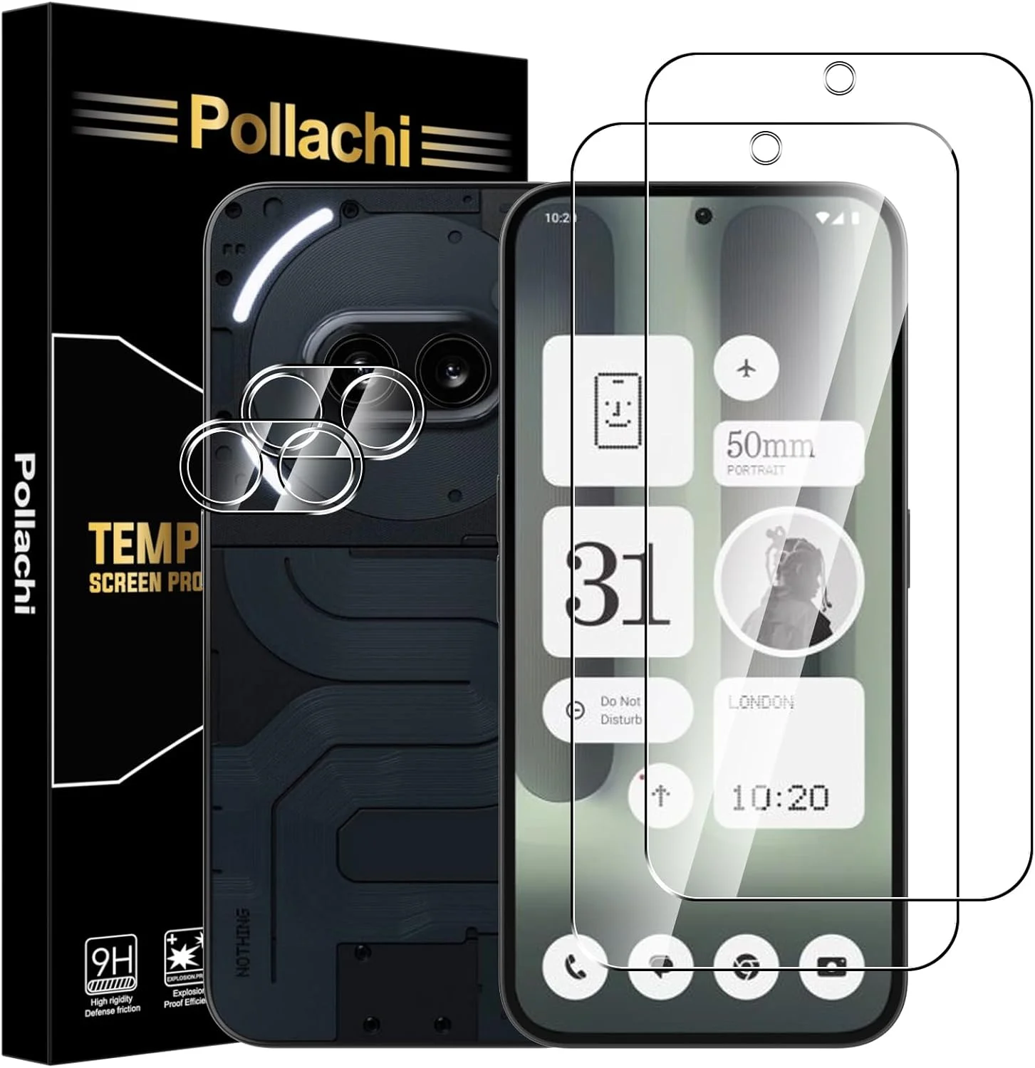 محافظ صفحه نمایش شیشه ای حرارت دیده پولاچی، 4 عدد، مناسب برای ناتینگ فون (2A) / (2nd Plus)، سختی 9H، بدون حباب، نصب آسان، حساسیت بالا