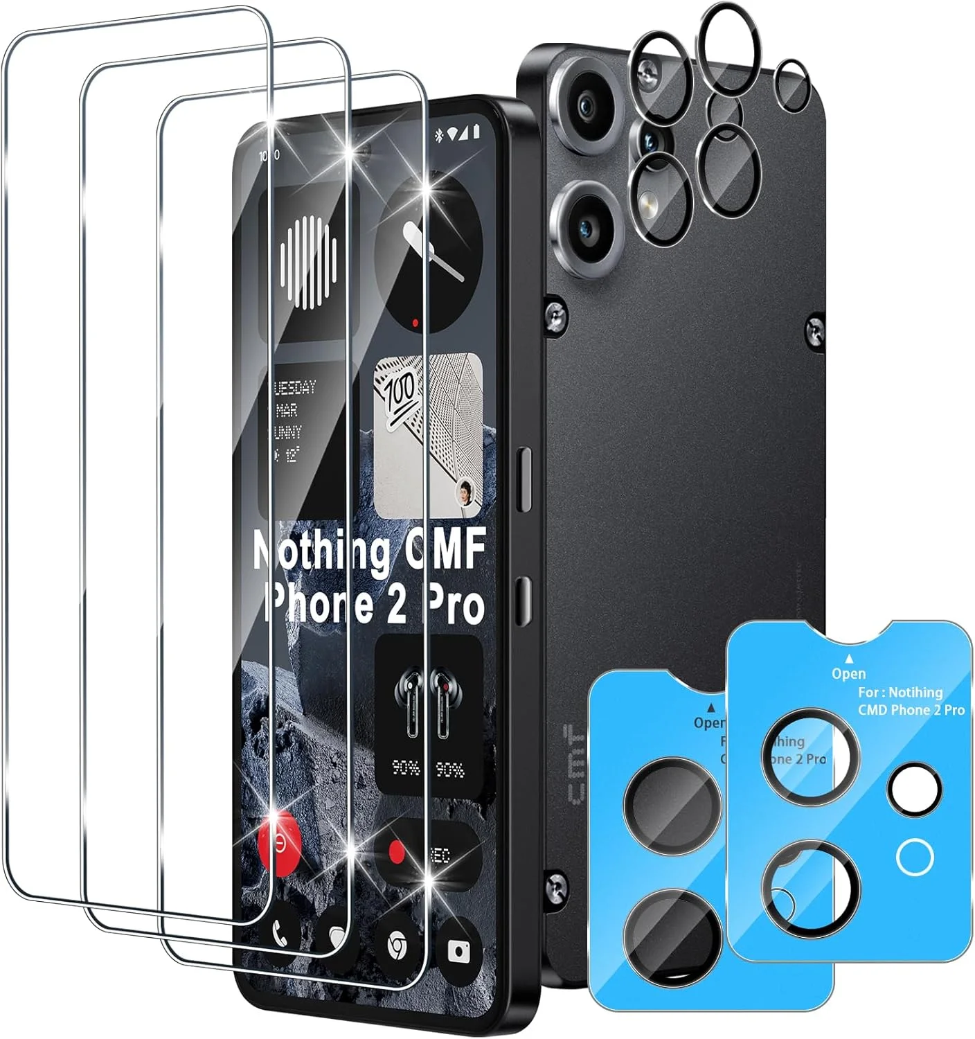 محافظ صفحه نمایش Xunzii برای گوشی ناتینگ CMF Phone 2 Pro، شیشه حرارت دیده با محافظ دوربین [3 + 2 تکه]، فیلم شیشه ای محافظ فوق العاده شفاف 0.33 میلی متری، محافظ صفحه نمایش با سختی 9H، ضد خش