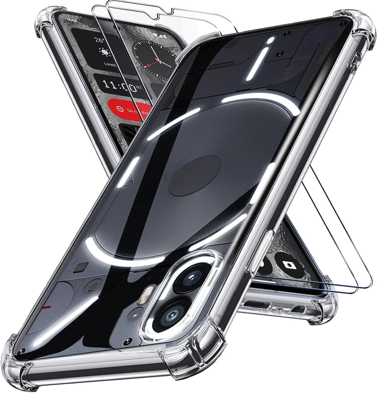 کاور LYJERRY برای ناتینگ فون 2 لایه + 2 محافظ صفحه نمایش شیشه ای برای کاور ناتینگ فون 2، کاور جعبه سیلیکونی لایه ای، محافظ صفحه نمایش شفاف