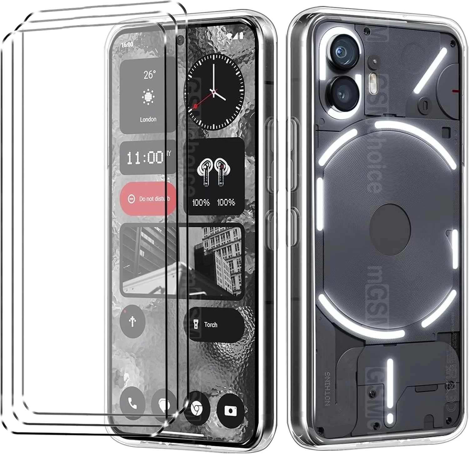 کاور HuiYouMY و 3 عدد محافظ شیشه ای سازگار با Nothing Phone 2، قاب ضد ضربه به همراه محافظ صفحه نمایش شیشه ای حرارت دیده سازگار با Nothing Phone 2، شفاف