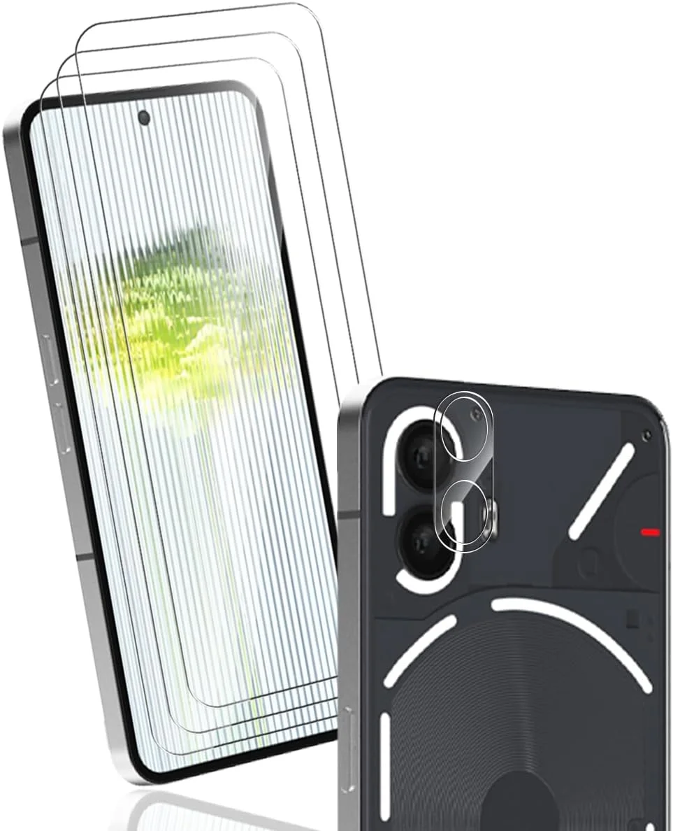 محافظ صفحه نمایش Yonntmmi برای Nothing Phone (2)، شیشه حرارت دیده، بسته 3 عددی محافظ صفحه نمایش شیشه حرارت دیده به همراه 1 عدد محافظ لنز دوربین، وضوح HD/سختی 9H/ضد خش