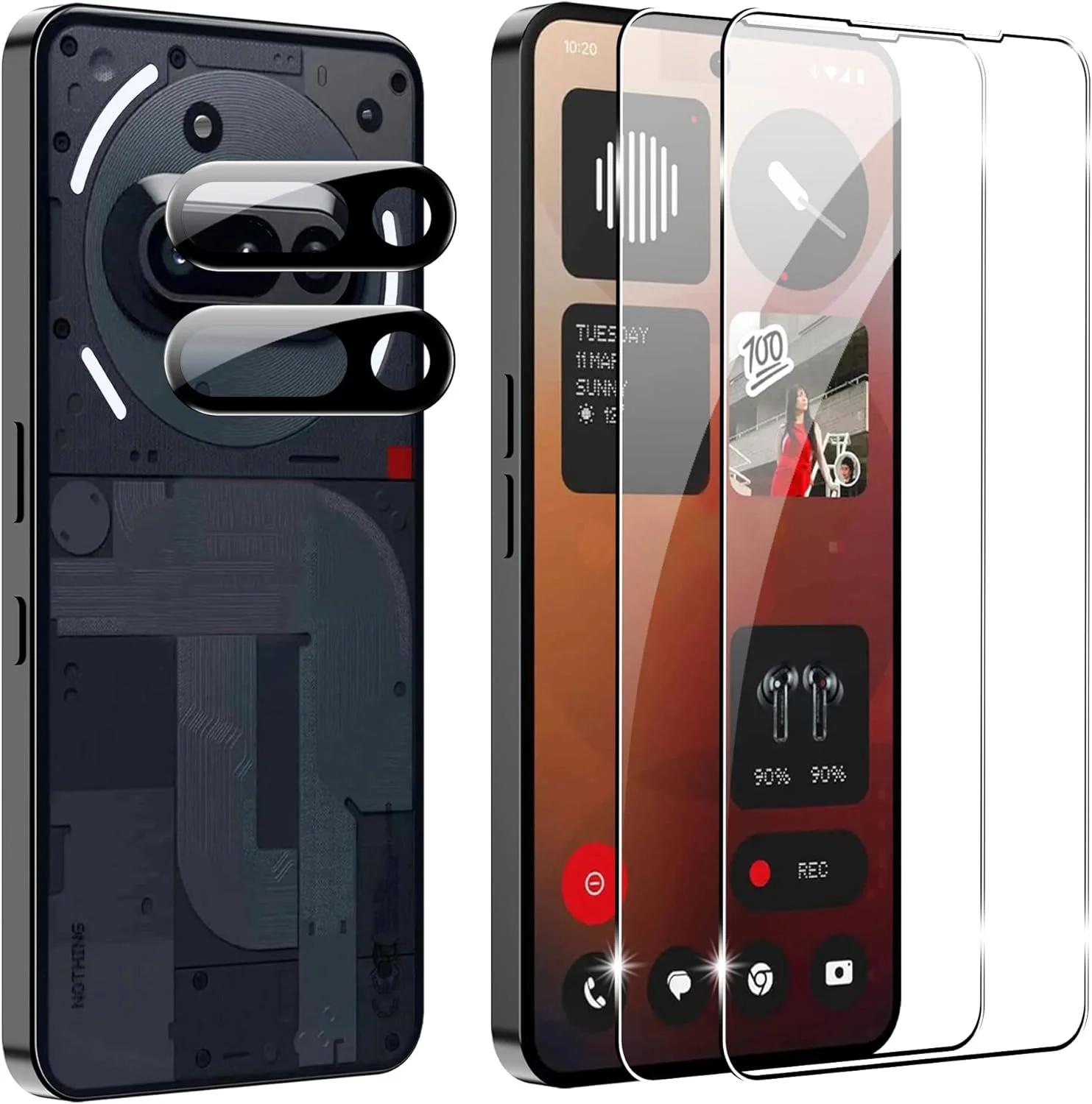 محافظ صفحه نمایش گوشی ناتینگ فون (3a) به همراه محافظ لنز دوربین، سختی 9H، ضد خش، شیشه حرارت دیده، سازگار با قاب، ضد اثر انگشت (بسته 2+2 عددی)