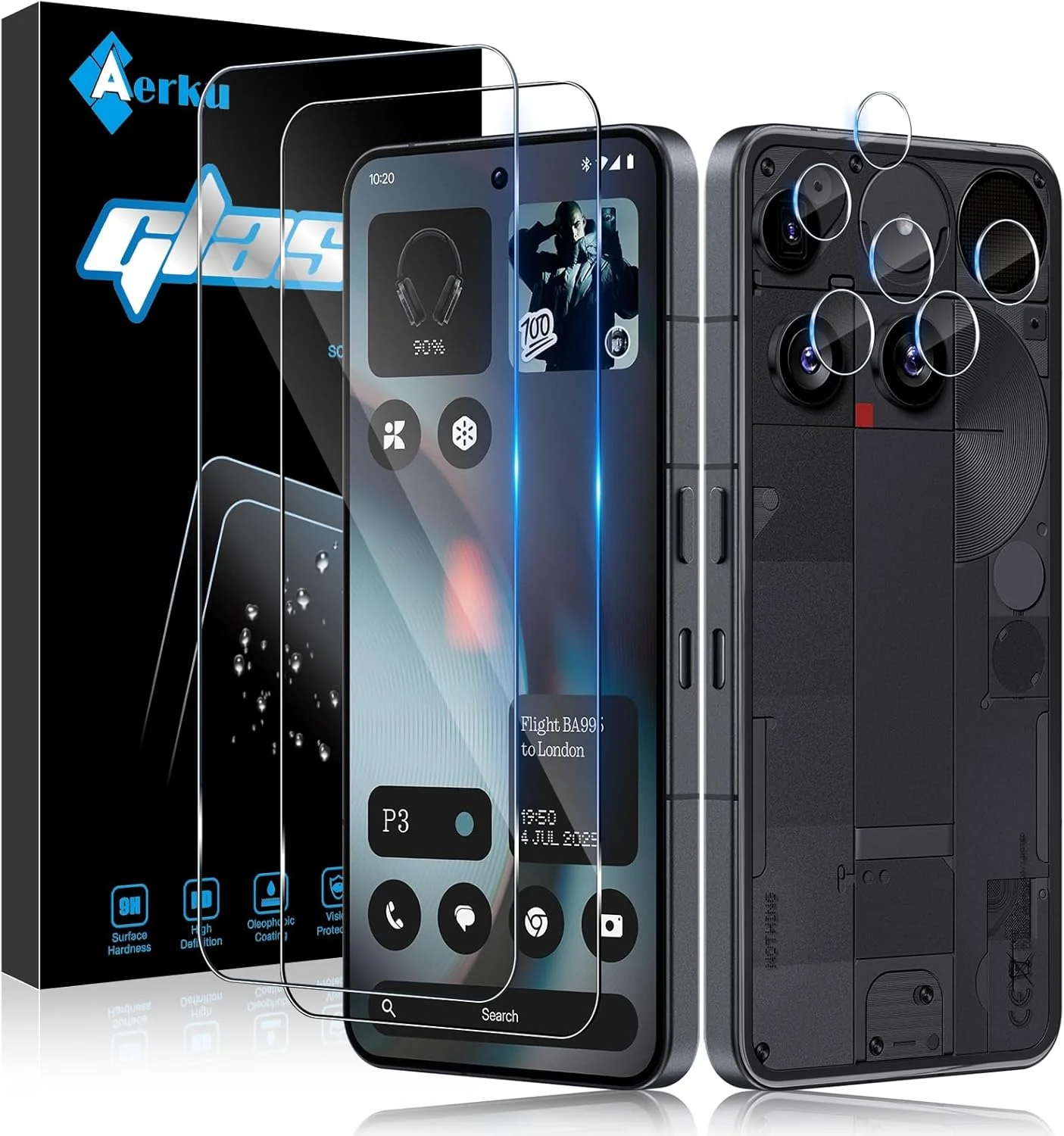 محافظ صفحه نمایش شیشه ای حرارت دیده Aerku مدل 2 عددی مناسب برای Nothing Phone 3 به همراه 2 عدد محافظ لنز دوربین پشتی، محافظ صفحه نمایش با سختی 9H، محافظ شیشه ای فوق العاده مقاوم در برابر خراش