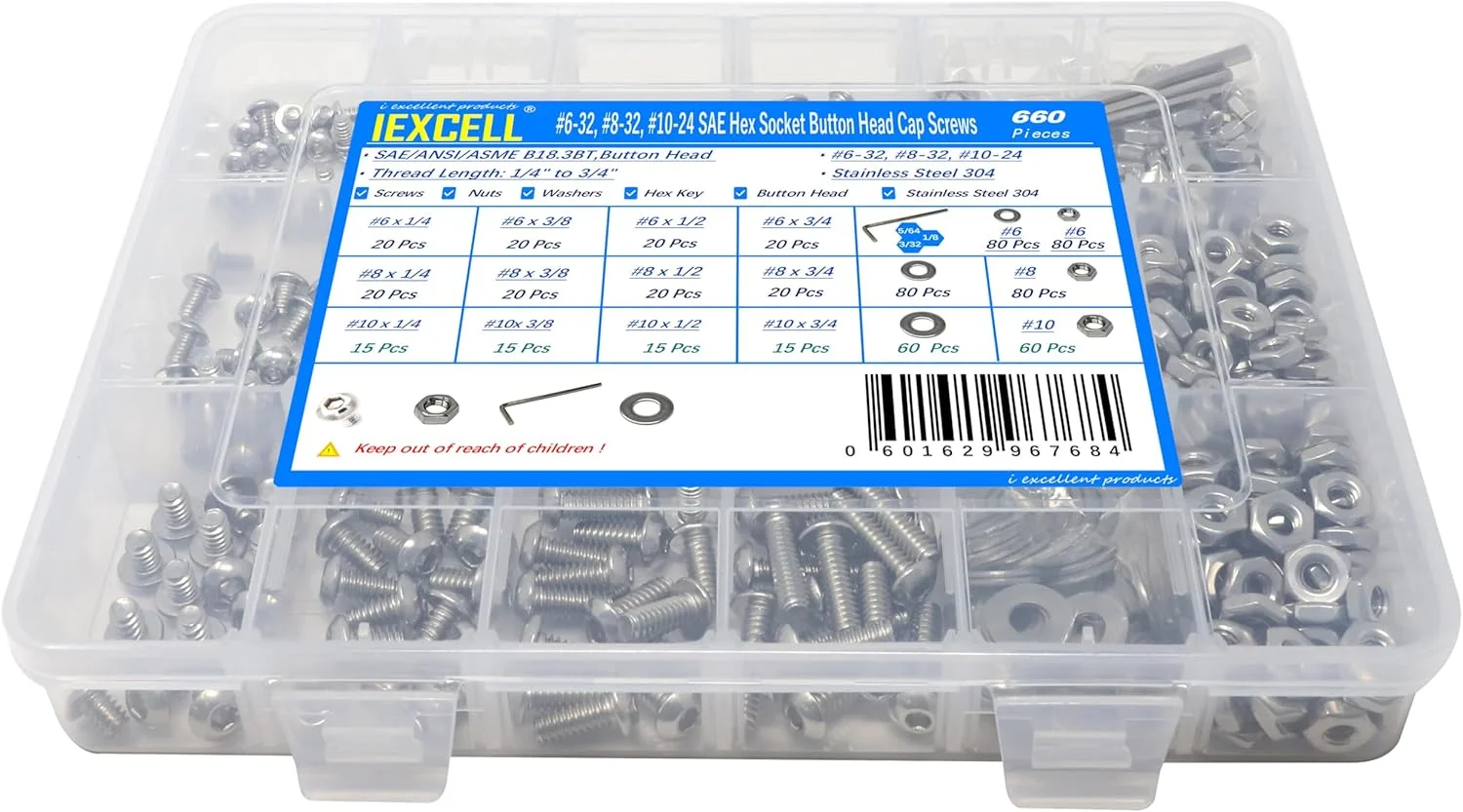 iExcell 1050 Pcs SAE #6-32UNC #8-32UNC #10-24UNC Stainless Steel 304 Hex Socket Button Head Cap Screws Bolts Nuts Washers Assortment Kit