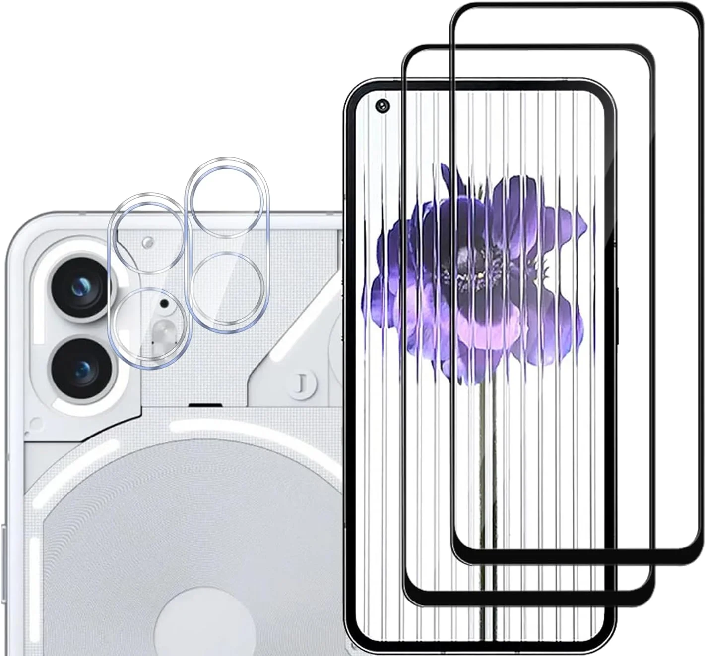 GMUJIAO [بسته 2+2 عددی] سازگار با Nothing Phone (2) شامل محافظ صفحه نمایش شیشه ای و محافظ لنز دوربین، محافظ آستین شیشه ای حرارت دیده [بدون حباب] [شفافیت HD] - مشکی