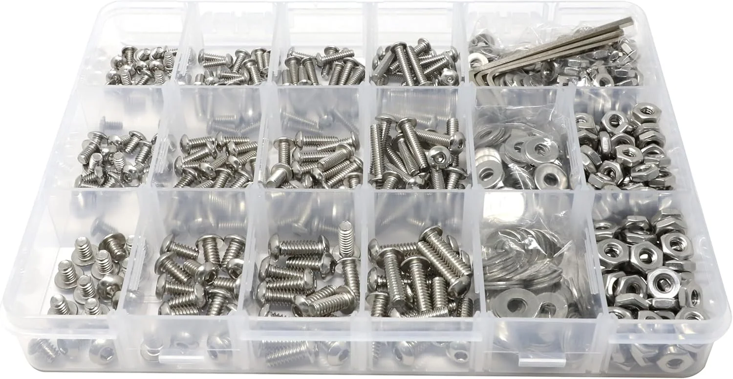 iExcell 1050 Pcs SAE #6-32UNC #8-32UNC #10-24UNC Stainless Steel 304 Hex Socket Button Head Cap Screws Bolts Nuts Washers Assortment Kit