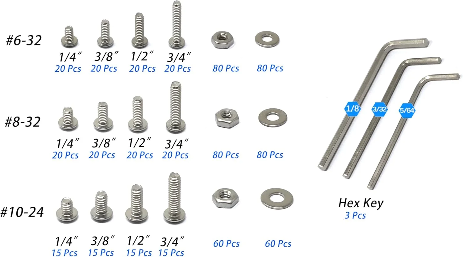 iExcell 1050 Pcs SAE #6-32UNC #8-32UNC #10-24UNC Stainless Steel 304 Hex Socket Button Head Cap Screws Bolts Nuts Washers Assortment Kit