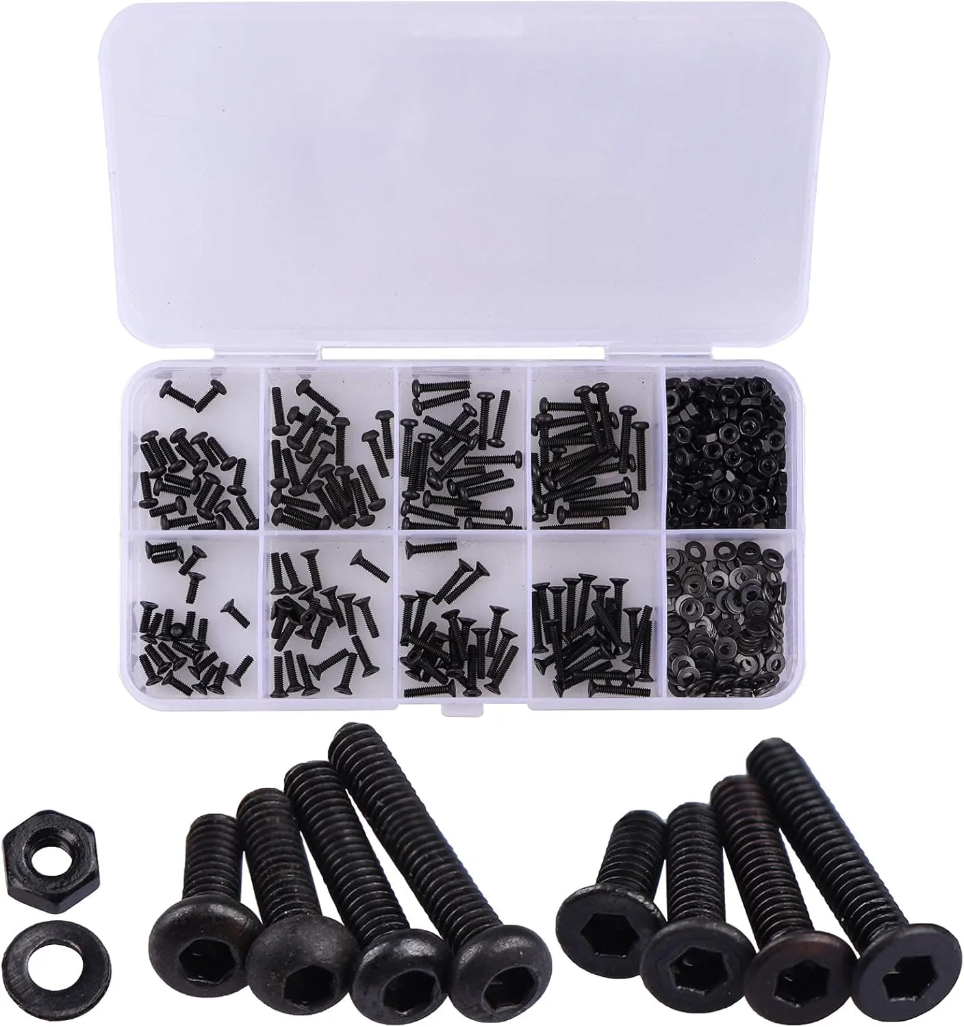 LordHardware مجموعه 480 عددی پیچ و مهره آلیاژ فولادی M2 با سر دکمه ای و سر خزینه ای به همراه واشر LordHardware مجموعه 480 عددی پیچ و مهره آلیاژ فولادی M2 با سر دکمه ای و سر خزینه ای به همراه واشر