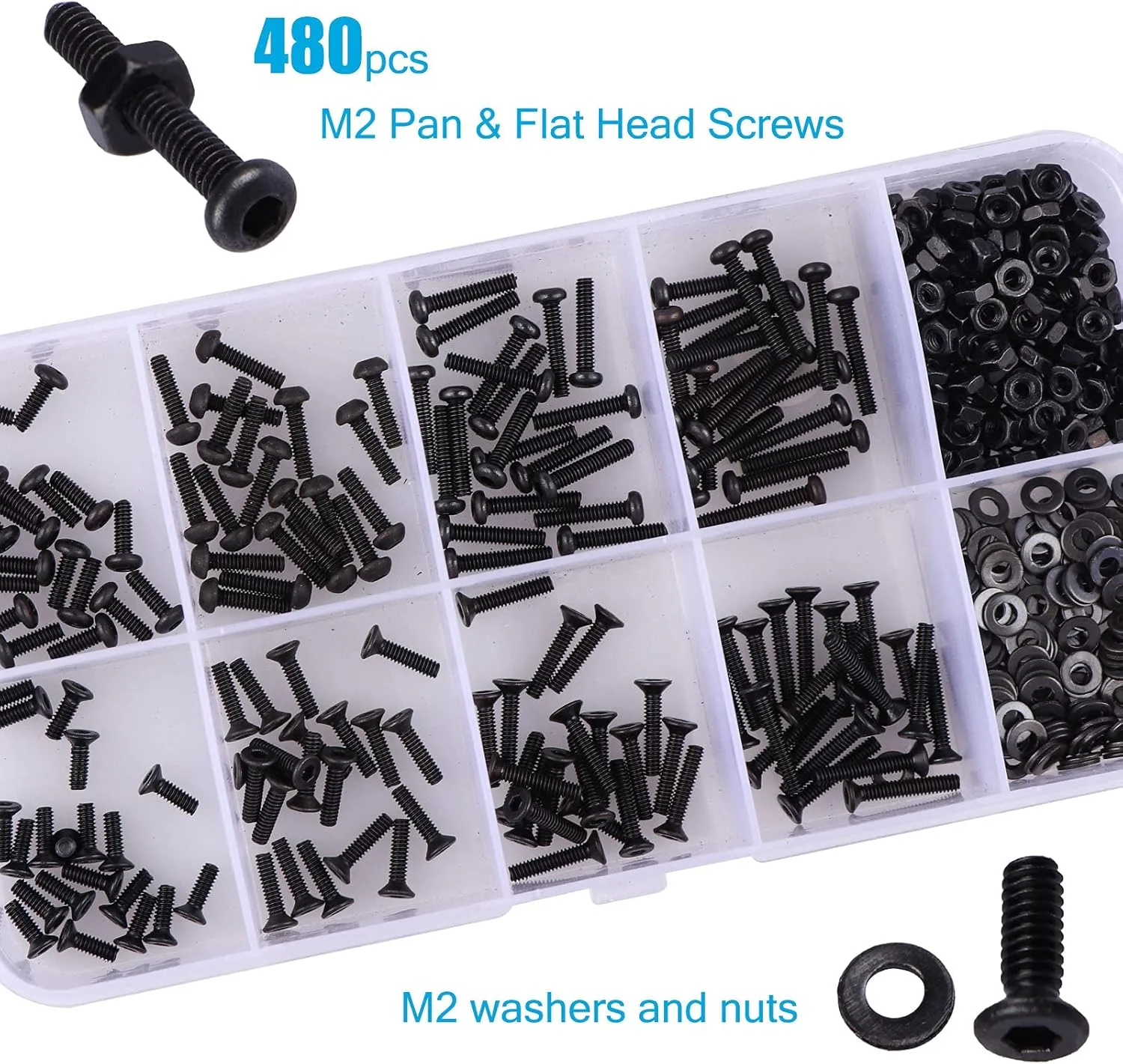 LordHardware مجموعه 480 عددی پیچ و مهره آلیاژ فولادی M2 با سر دکمه ای و سر خزینه ای به همراه واشر