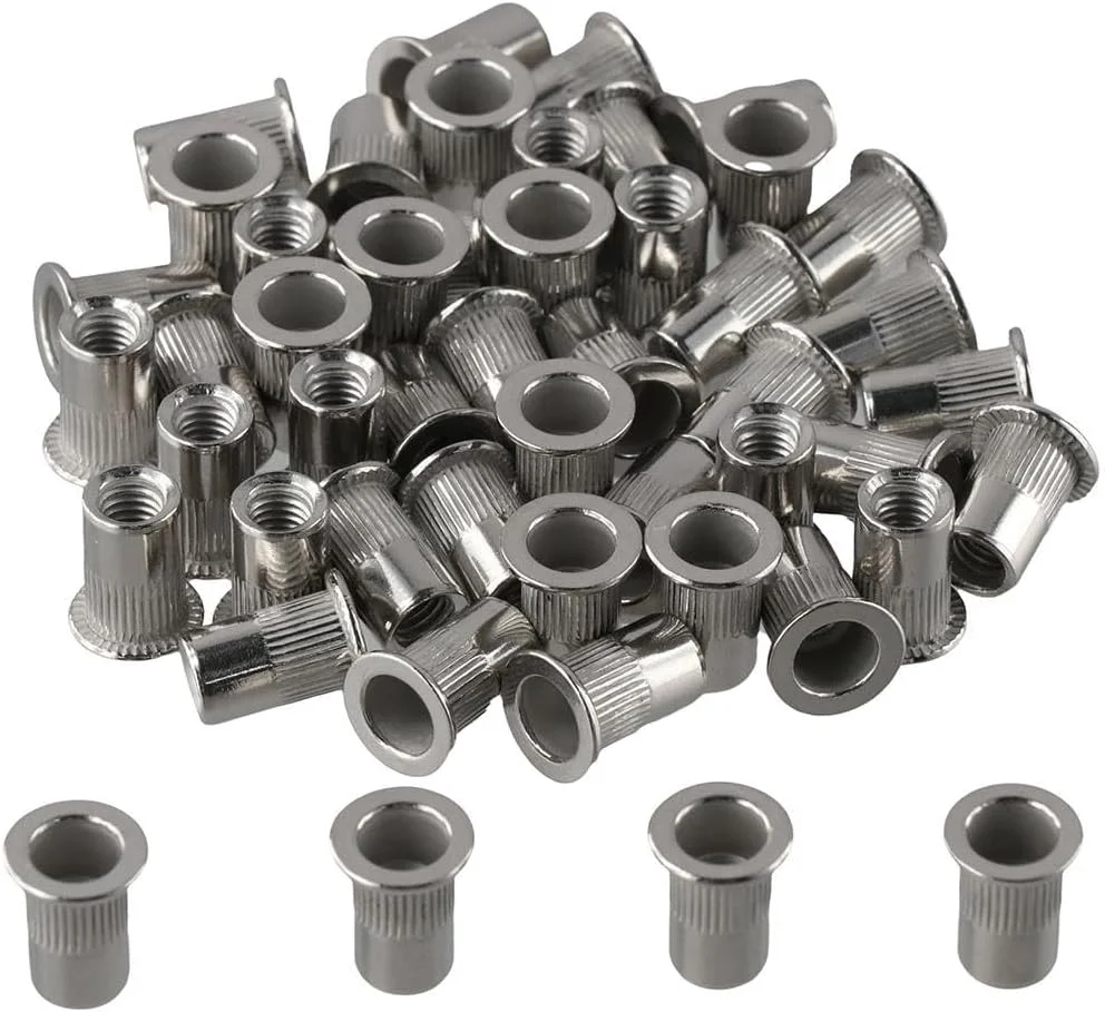 روکش مهره پرچ اوپلاکی، 50 عدد، فولاد ضد زنگ 304، مجموعه سخت افزاری بست های سنگین با بدنه آجدار، مهره پرچ M6، مناسب خودرو و مبلمان