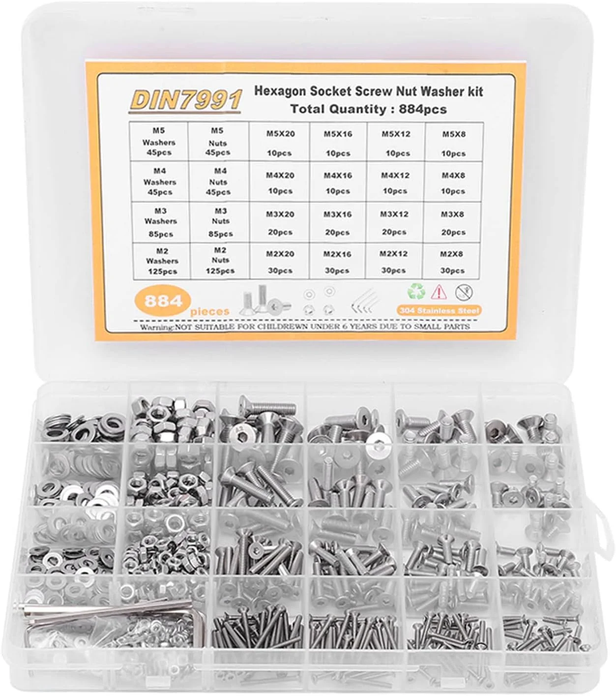 مجموعه 884 عددی پیچ و مهره NDNCZDHC شامل پیچ، مهره و واشر استیل ضد زنگ M2 M3 M4 M5 با سر خزینه و آچار آلن به همراه جعبه
