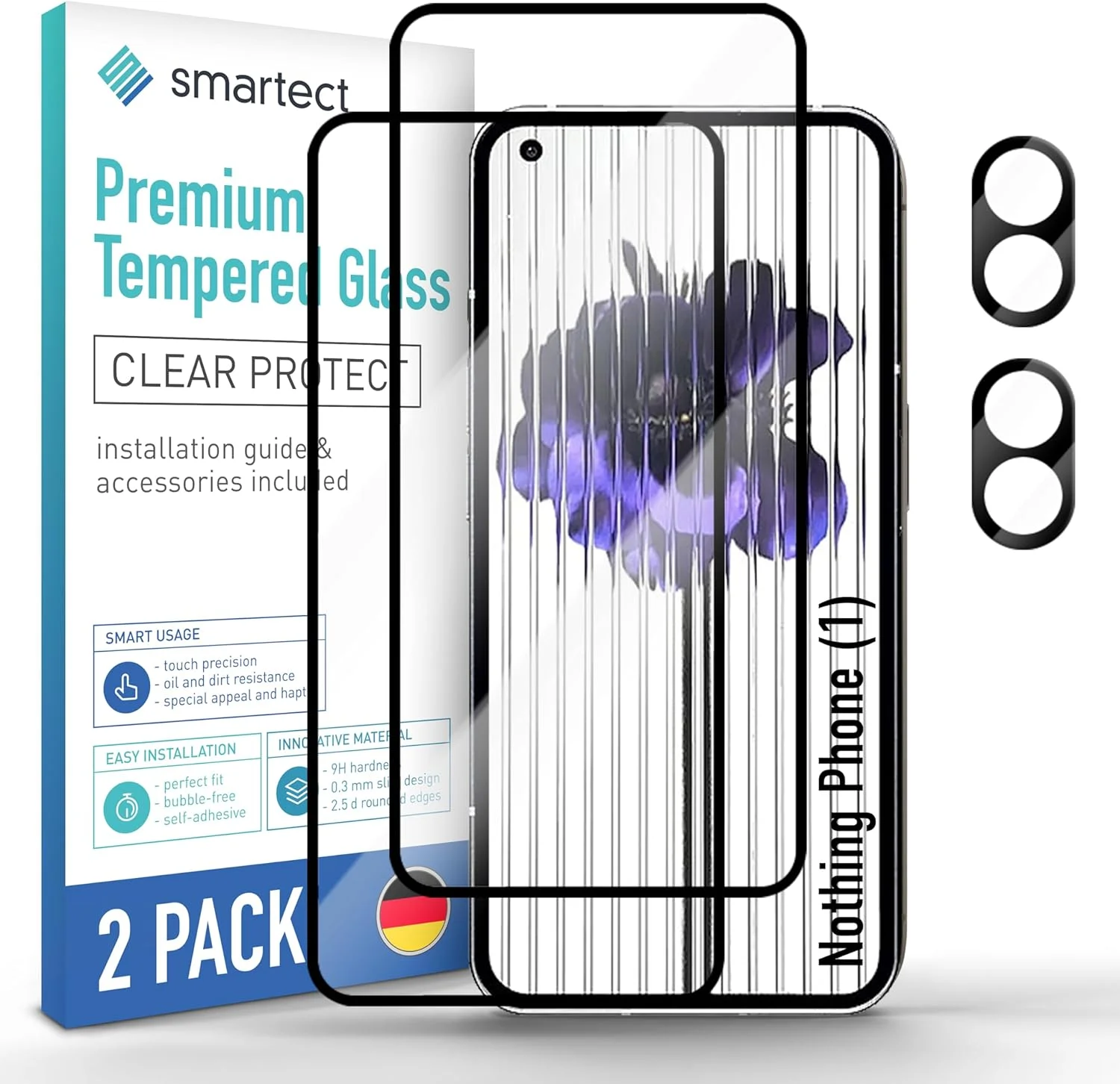 محافظ صفحه نمایش شیشه ای حرارت دیده [2 + 2 تکه، تمام صفحه] سازگار با Nothing Phone (1)، محافظ صفحه نمایش + دوربین، محافظ صفحه نمایش شفاف HD ضد خش، بدون حباب، سختی 9H، فوق العاده مقاوم