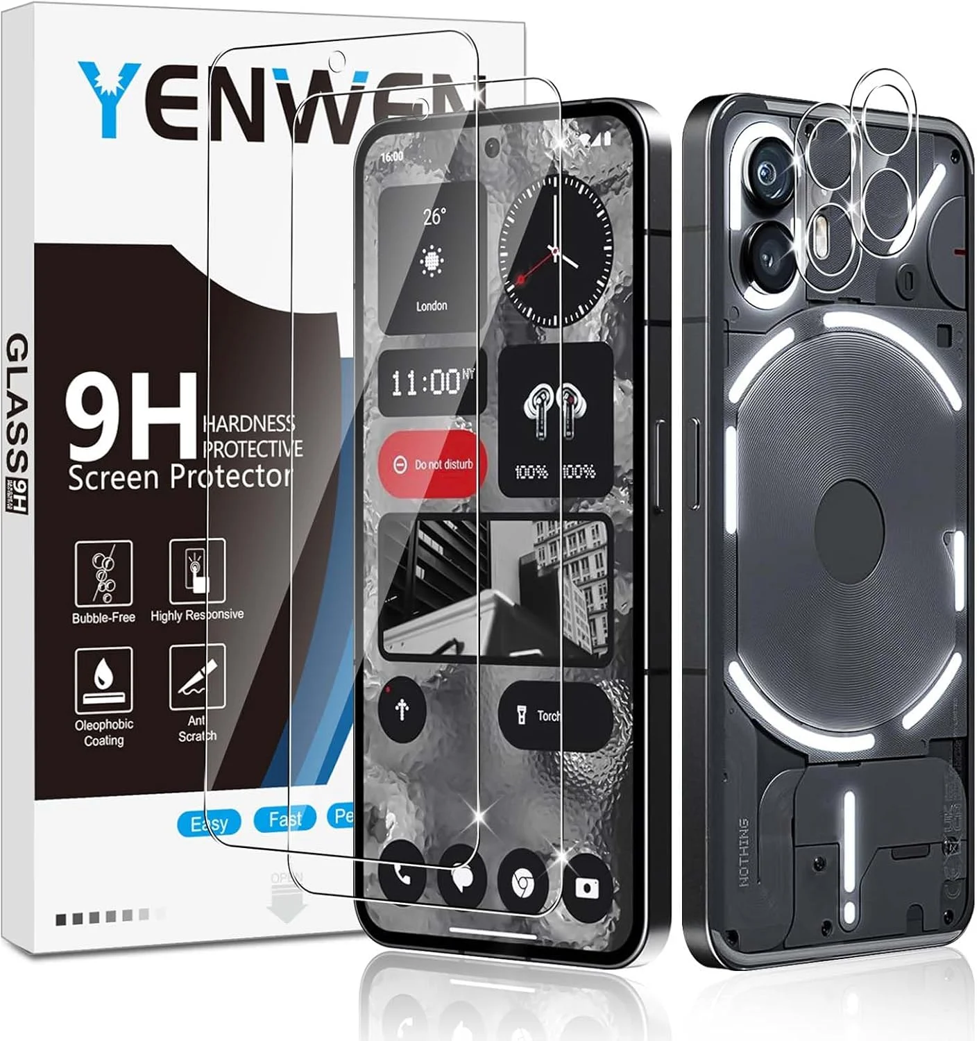 محافظ صفحه نمایش Yenwen برای Nothing Phone 2، بسته 2 عددی شیشه حرارت دیده با 2 محافظ دوربین، فیلم محافظ تلفن همراه شیشه ای سخت با وضوح HD