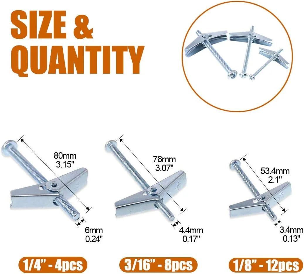 مجموعه 24 عددی پیچ و مهره پروانه ای سر گرد فولادی با روکش روی ISPINNER در سایزهای 1/4، 3/16 و 1/8 اینچ برای آویزان کردن اجسام سنگین روی دیوار خشک مجموعه 24 عددی پیچ و مهره پروانه ای سر گرد فولادی با روکش روی ISPINNER در سایزهای 1/4، 3/16 و 1/8 اینچ برای آویزان کردن اجسام سنگین روی دیوار خشک