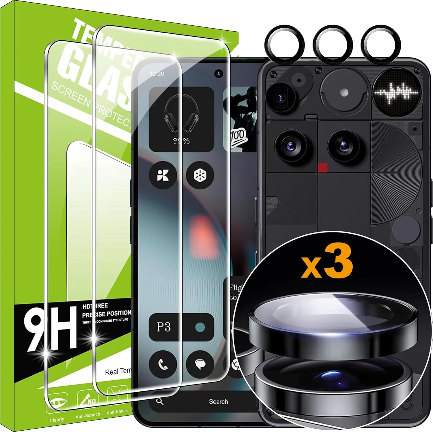 محافظ صفحه نمایش شیشه ای تمپر شده Lemxiee برای Nothing Phone 3 [بسته 2+1] فیلم محافظ لنز دوربین + محافظ صفحه نمایش شیشه ای تمپر شده HD