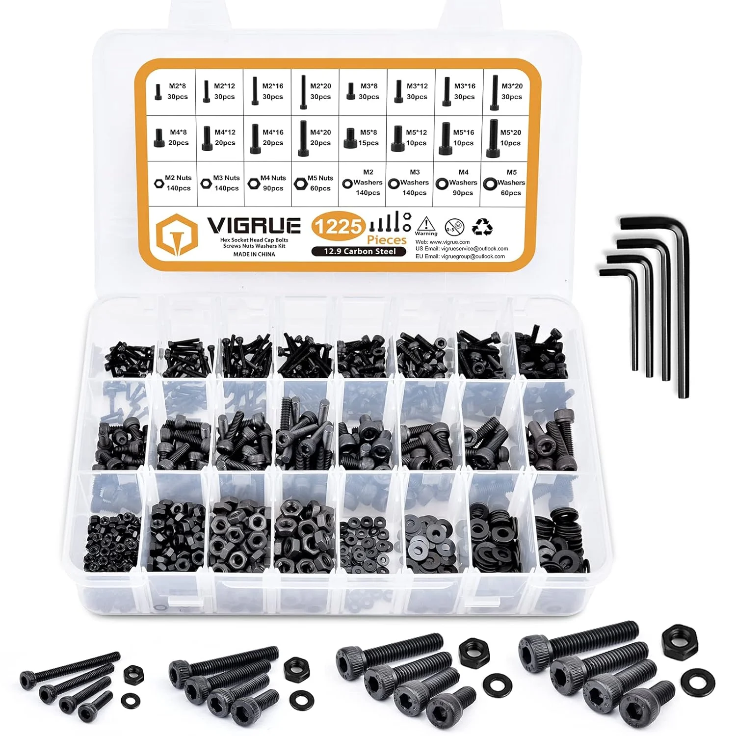 مجموعه پیچ 1225 عددی VIGRUE شامل پیچ های دکمه ای با سر شش گوش، مهره و واشر فولادی آلیاژی M2 M3 M4 M5 به همراه جعبه نگهداری و آچار مجموعه پیچ 1225 عددی VIGRUE شامل پیچ های دکمه ای با سر شش گوش، مهره و واشر فولادی آلیاژی M2 M3 M4 M5 به همراه جعبه نگهداری و آچار