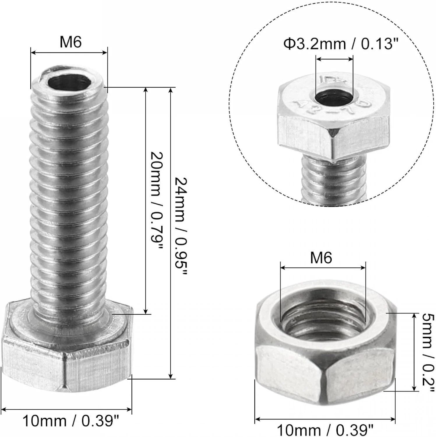 پیچ و مهره های توخالی M6x20mm با آچار خور خارجی، بسته 2 عددی، استیل ضد زنگ 304 پیچ و مهره های توخالی M6x20mm با آچار خور خارجی، بسته 2 عددی، استیل ضد زنگ 304