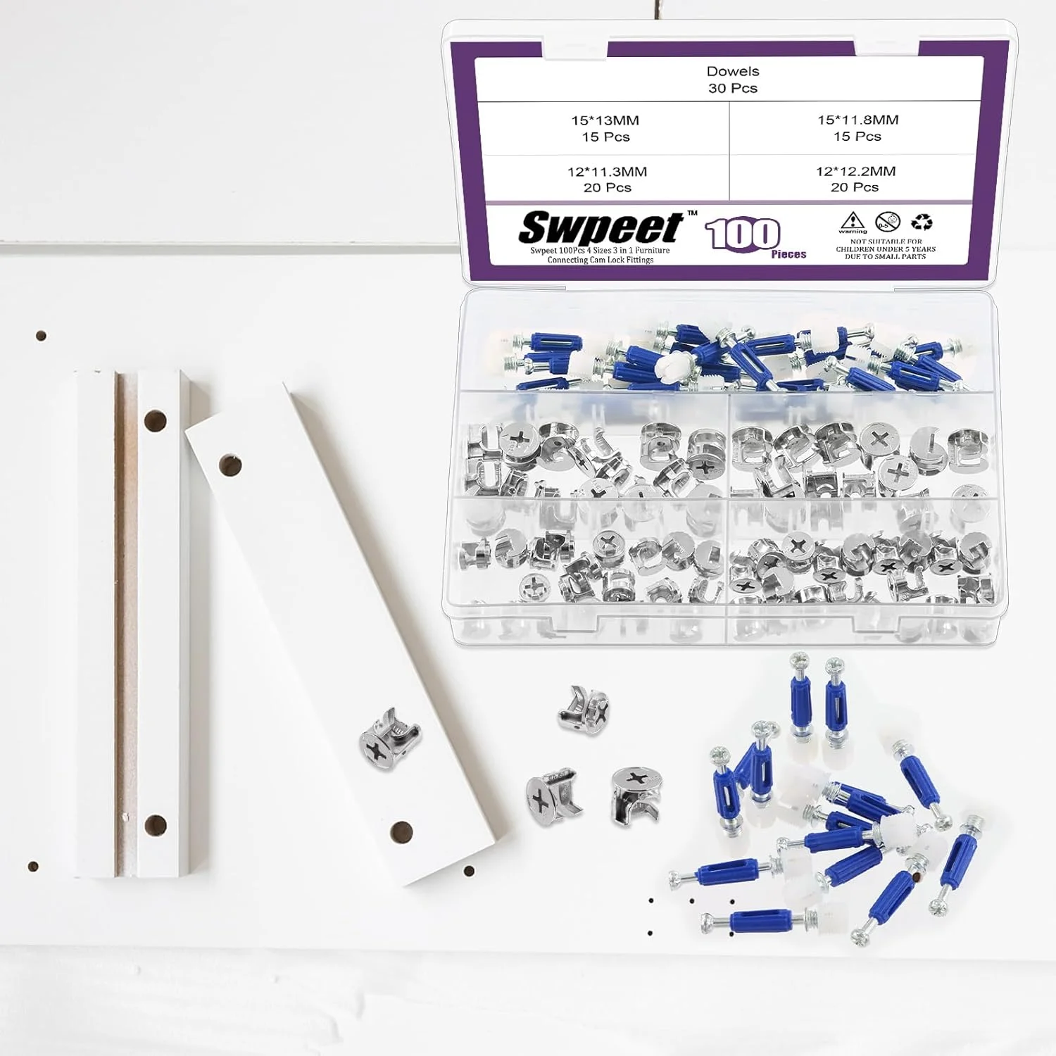 مجموعه 100 عددی قفل کم اتصال دهنده مبلمان Swpeet، چرخ های غیرعادی با 4 سایز مختلف به همراه پیچ و مهره های از پیش نصب شده، مهره قفل اتصال دهنده مبلمان برای کمد، تخت و اتصال مبلمان