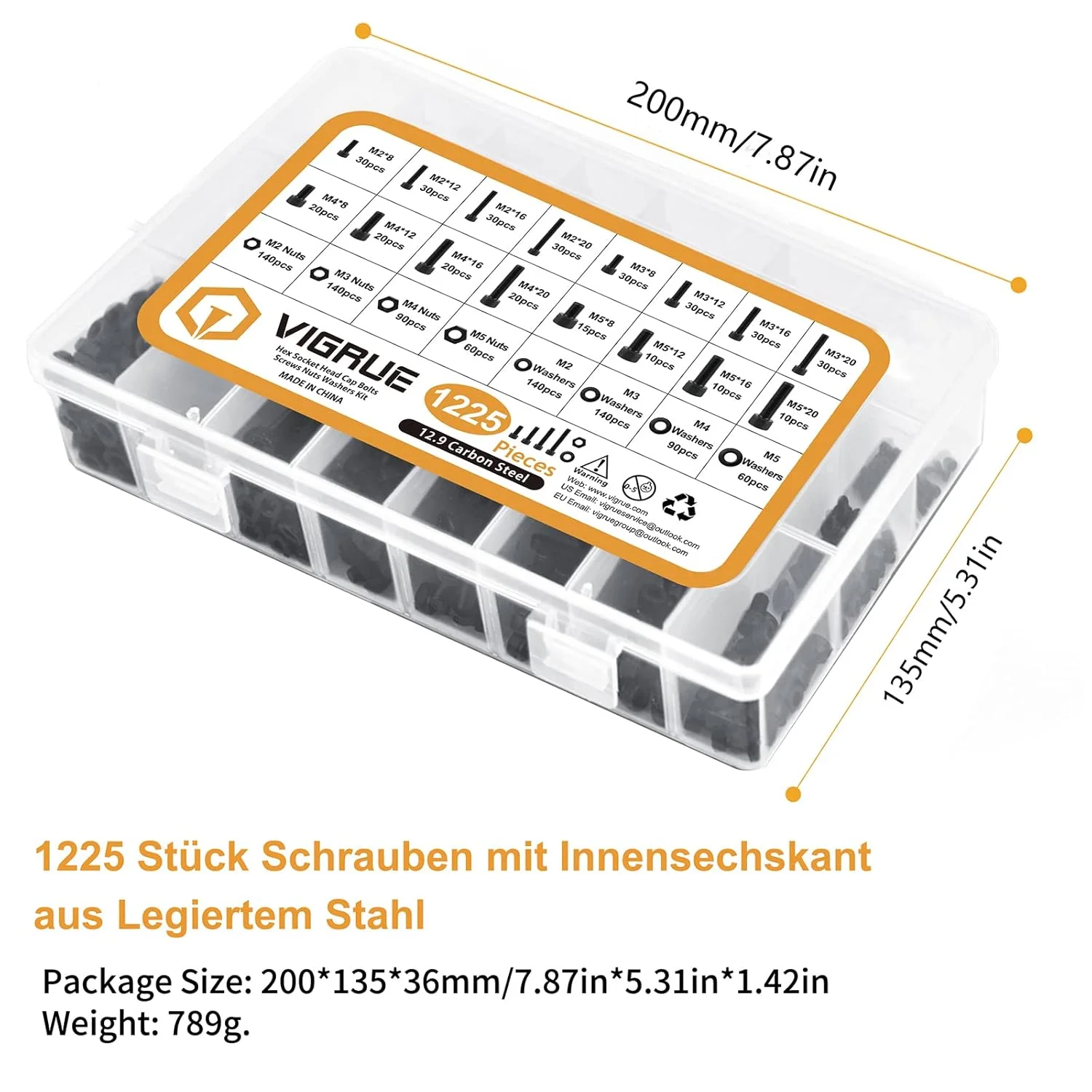 مجموعه پیچ 1225 عددی VIGRUE شامل پیچ های دکمه ای با سر شش گوش، مهره و واشر فولادی آلیاژی M2 M3 M4 M5 به همراه جعبه نگهداری و آچار مجموعه پیچ 1225 عددی VIGRUE شامل پیچ های دکمه ای با سر شش گوش، مهره و واشر فولادی آلیاژی M2 M3 M4 M5 به همراه جعبه نگهداری و آچار