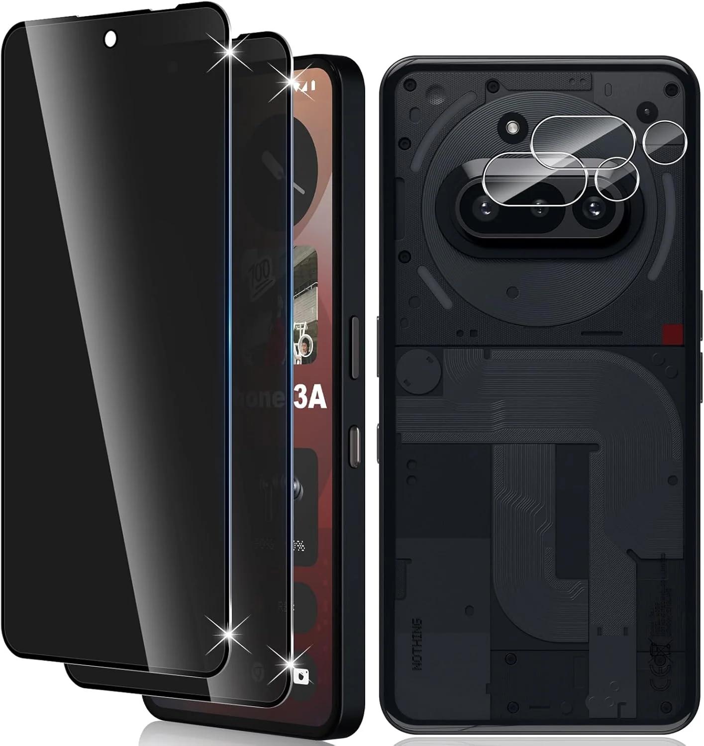 محافظ صفحه نمایش حریم خصوصی Gruattreay سازگار با Nothing Phone (3a) 2025، [بسته 4 عددی] محافظ شیشه ای ضد جاسوسی و لنز دوربین، سختی ضد خش 9H بدون حباب