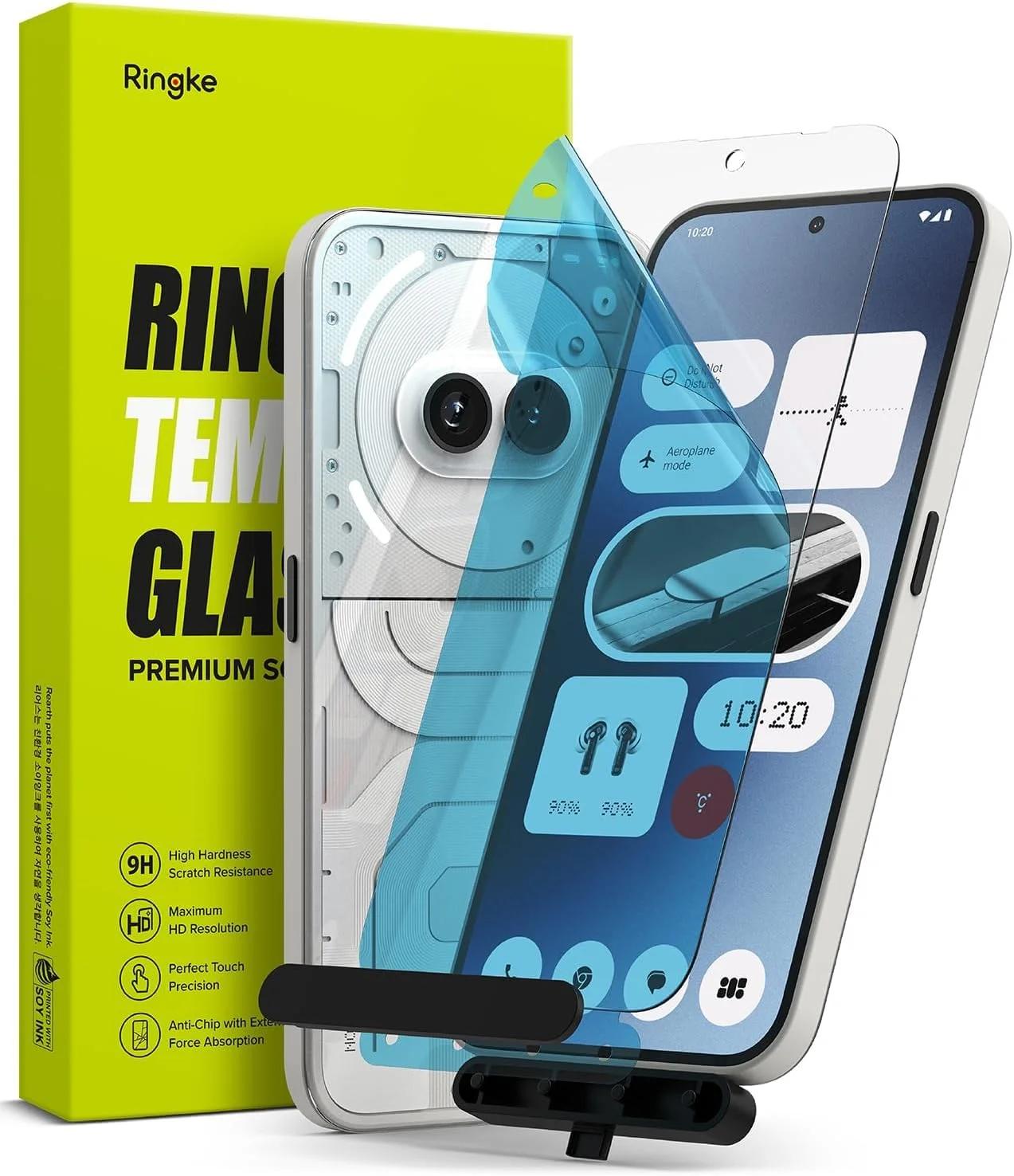 محافظ صفحه نمایش شیشه ای تمپر شده رینگ کی، پوشش کامل، سازگار با Nothing Phone (2a)، سختی 9H، ضد ضربه، همراه با کیت نصب - بسته 2 عددی