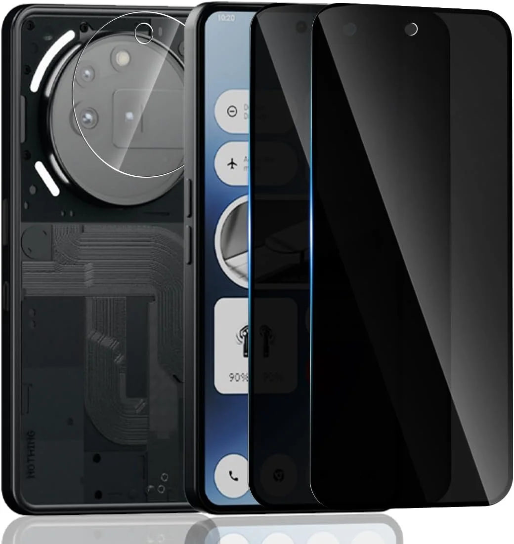 محافظ صفحه نمایش Yonntmmi برای Nothing Phone 3A Pro، محافظ صفحه حریم خصوصی شیشه ای حرارت دیده، بسته 2 عددی محافظ صفحه نمایش شیشه ای حرارت دیده ضد جاسوسی با 1 عدد شیشه محافظ دوربین، ضد جاسوسی، مقاوم در برابر خراش