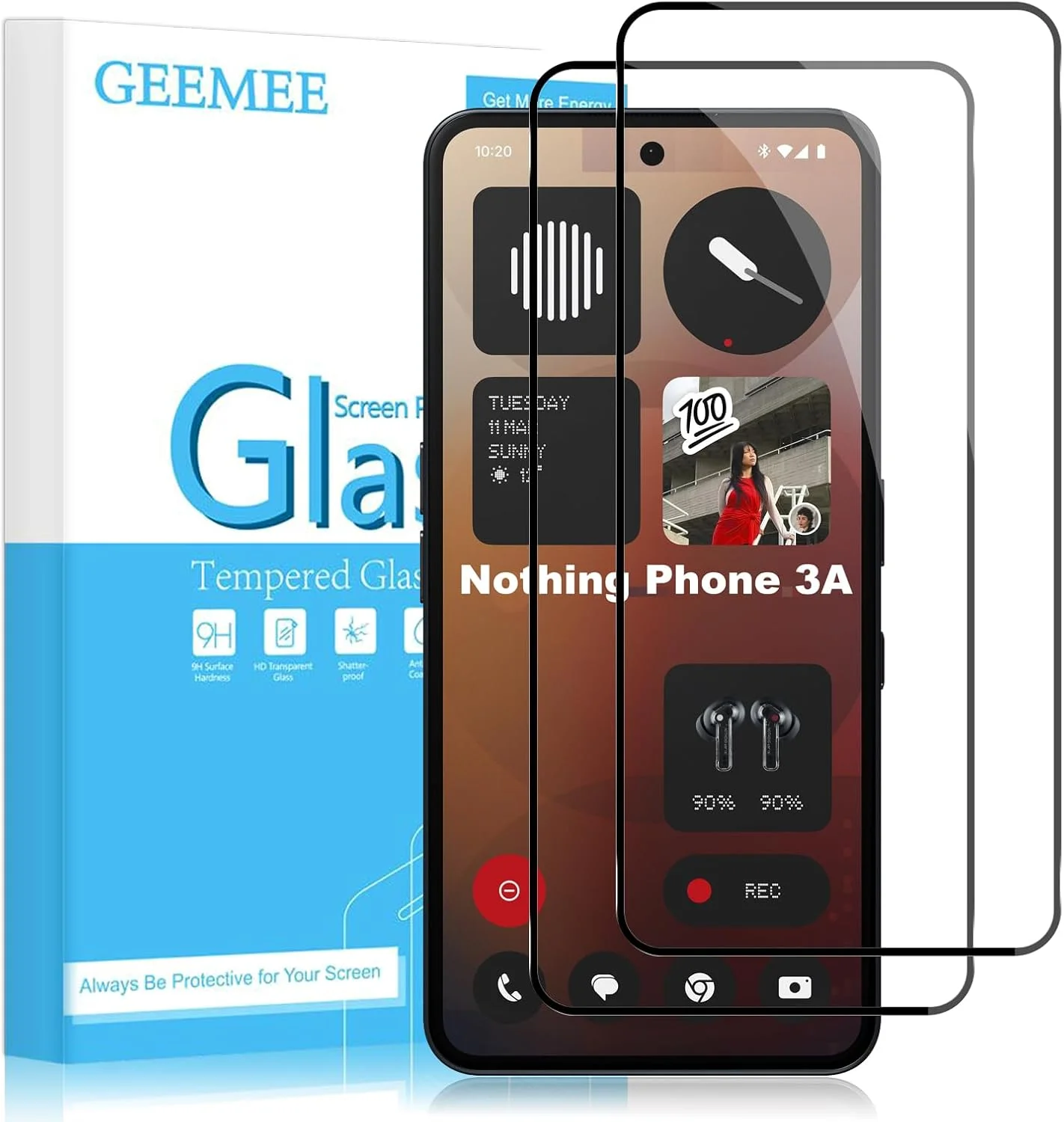 محافظ صفحه نمایش شیشه ای GEEMEE برای Nothing Phone 3A / 3A Pro، شیشه حرارت دیده با سختی 9H، محافظ صفحه نمایش شفاف HD بدون حباب و ضد خش، مشکی، 2 عدد
