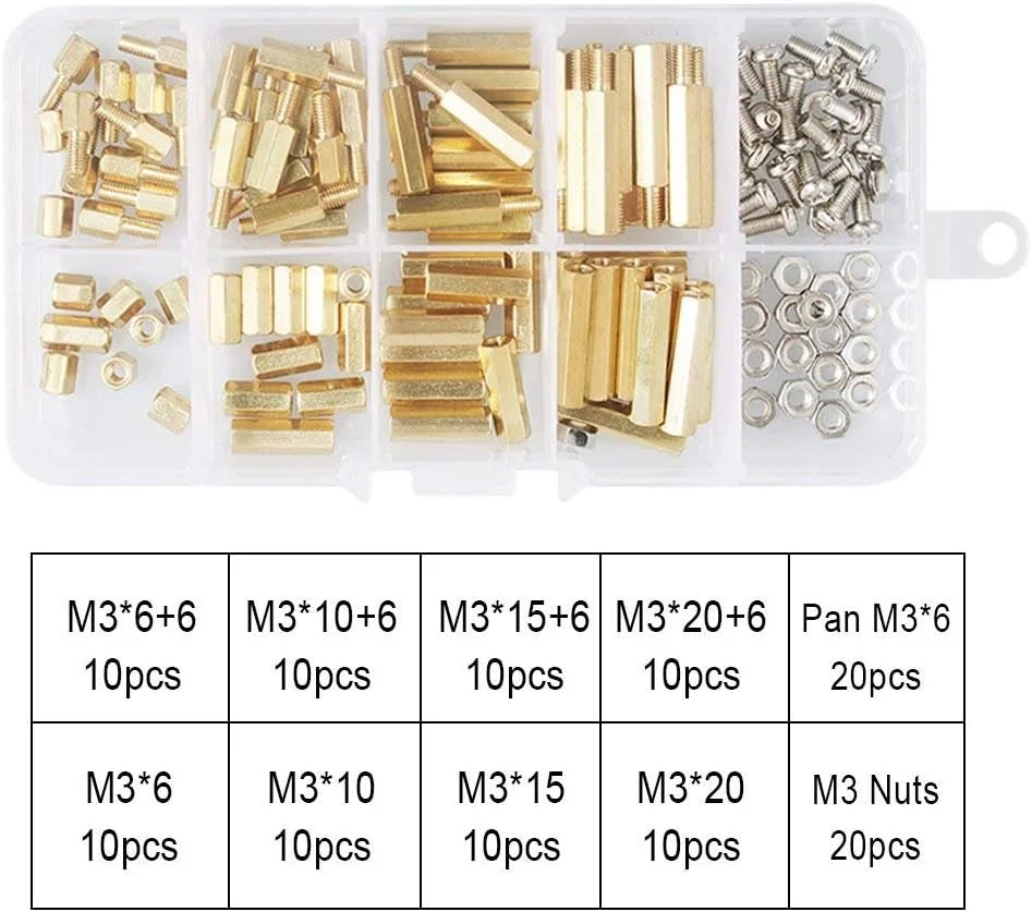 Tenlacum 120 PCS M3 Male-Female Threaded Hex Brass Spacer Brass Standoff Screws Bolt Stainless Steel Nuts Assortment Kit Tenlacum 120 PCS M3 Male-Female Threaded Hex Brass Spacer Brass Standoff Screws Bolt Stainless Steel Nuts Assortment Kit