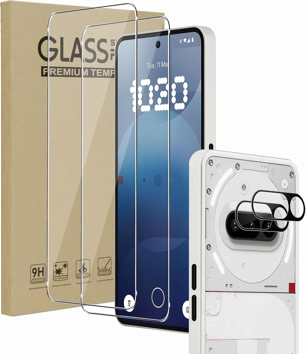 محافظ صفحه نمایش KZIOACSH برای ناتینگ فون (3a)، بسته 2+2، شیشه حرارت دیده ضد خش با سختی 9H، محافظ صفحه نمایش شفاف HD بدون حباب به همراه محافظ لنز دوربین برای ناتینگ فون (3a)