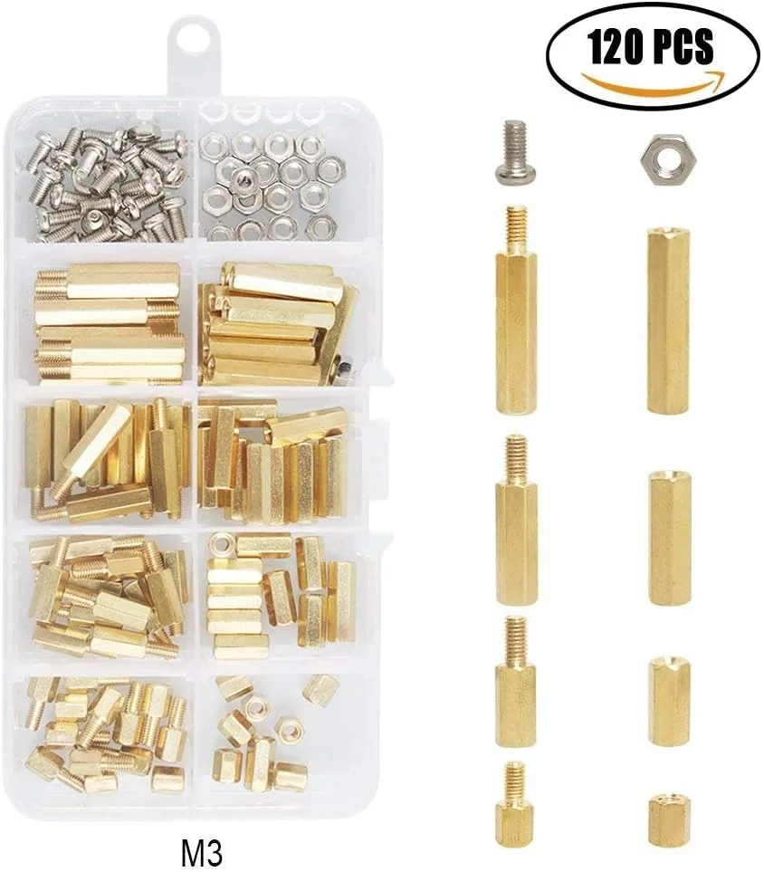 Tenlacum 120 PCS M3 Male-Female Threaded Hex Brass Spacer Brass Standoff Screws Bolt Stainless Steel Nuts Assortment Kit Tenlacum 120 PCS M3 Male-Female Threaded Hex Brass Spacer Brass Standoff Screws Bolt Stainless Steel Nuts Assortment Kit