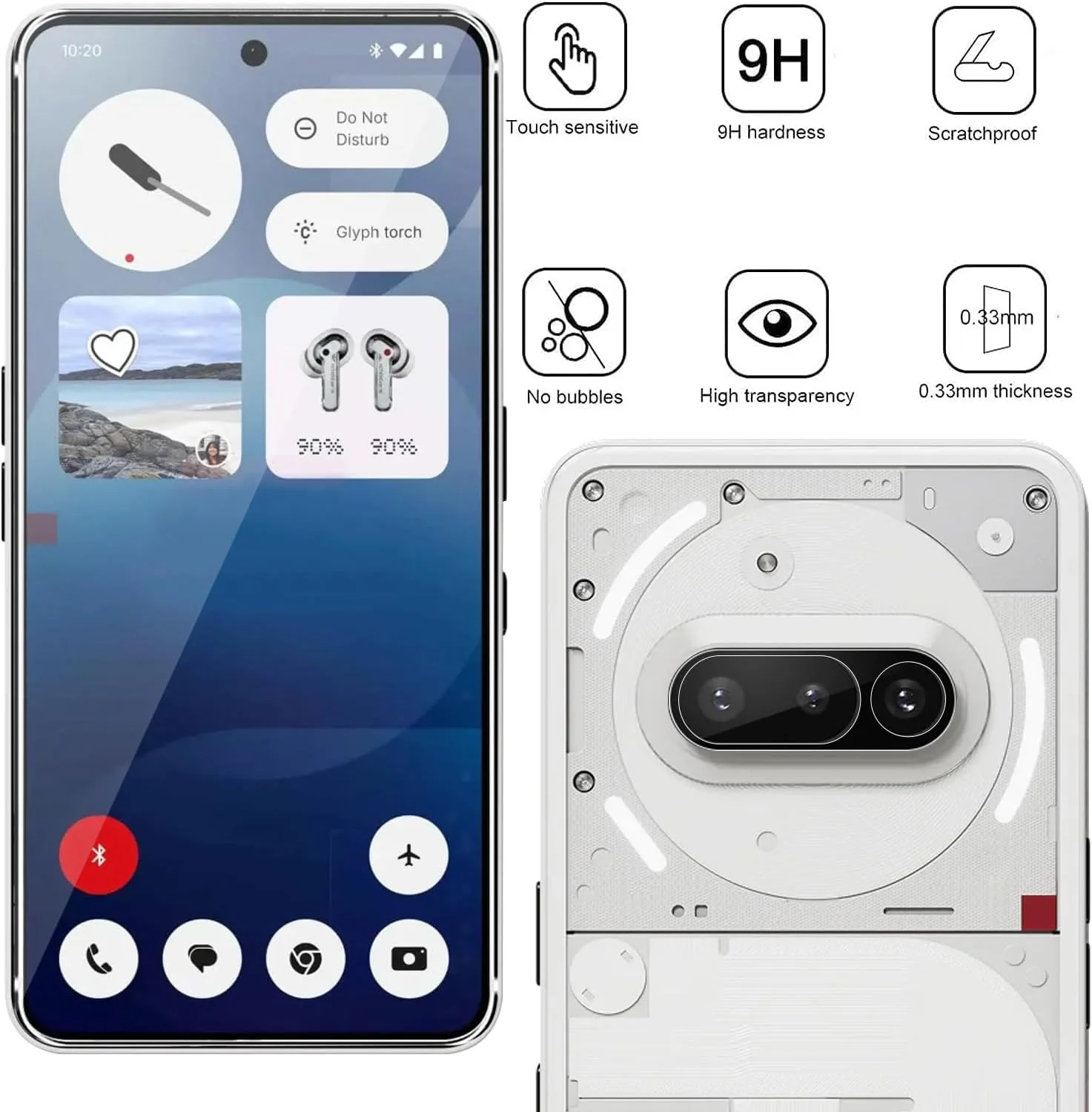 محافظ صفحه نمایش KZIOACSH برای ناتینگ فون (3a)، بسته 2+2، شیشه حرارت دیده ضد خش با سختی 9H، محافظ صفحه نمایش شفاف HD بدون حباب به همراه محافظ لنز دوربین برای ناتینگ فون (3a)