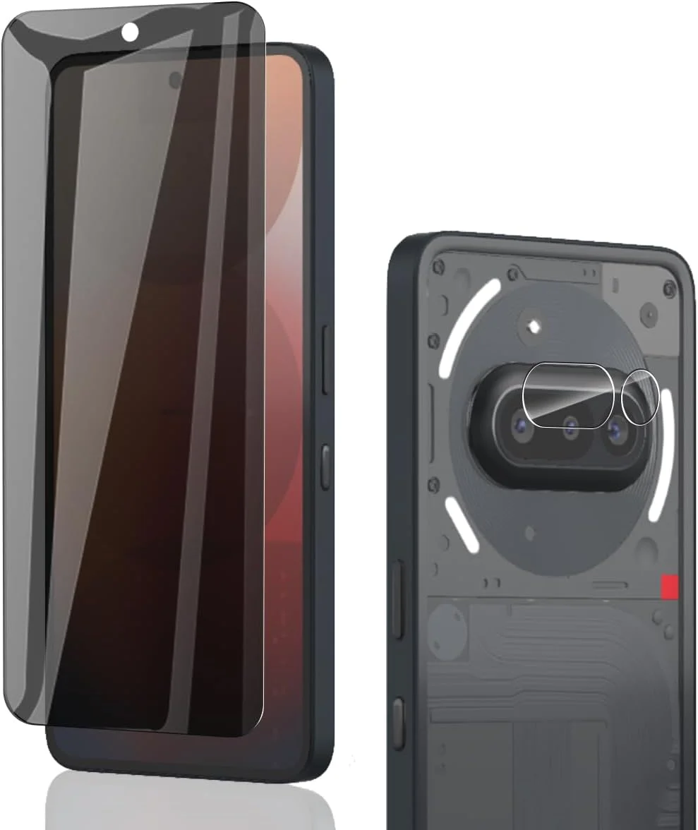 محافظ صفحه نمایش شیشه ای حرارت دیده ضد جاسوسی Phlleyaa برای Nothing Phone (3A) یک عدد فیلم + محافظ دوربین پشتی یک عدد، سختی 9H، ضد خش، بدون حباب برای محافظ صفحه نمایش Nothing Phone (3A)