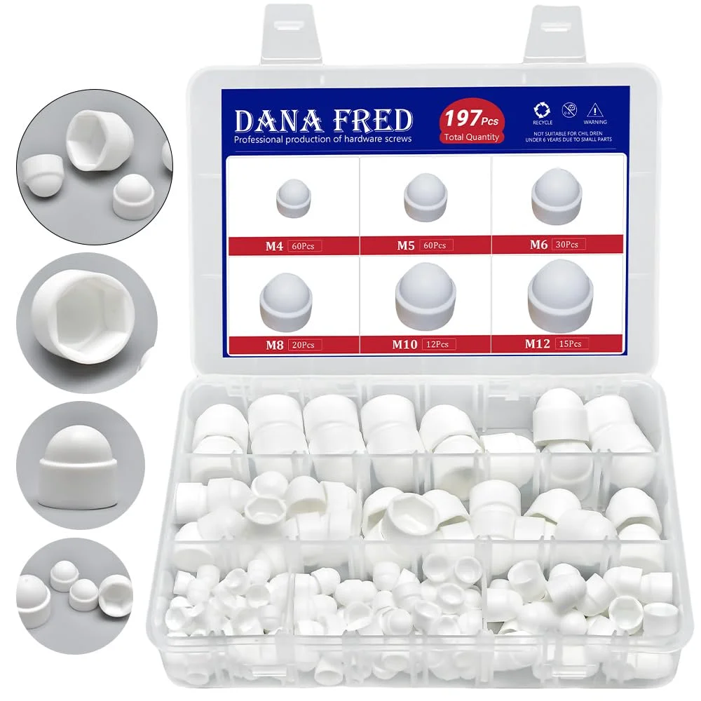 DANA FRED روکش مهره سفید، مجموعه درپوش های پلاستیکی مهره شش گوش با جعبه نگهداری، مهره قفلی نایلونی برای پیچ یا مهره های M4 M5 M6 M8 M10 M12 DANA FRED روکش مهره سفید، مجموعه درپوش های پلاستیکی مهره شش گوش با جعبه نگهداری، مهره قفلی نایلونی برای پیچ یا مهره های M4 M5 M6 M8 M10 M12