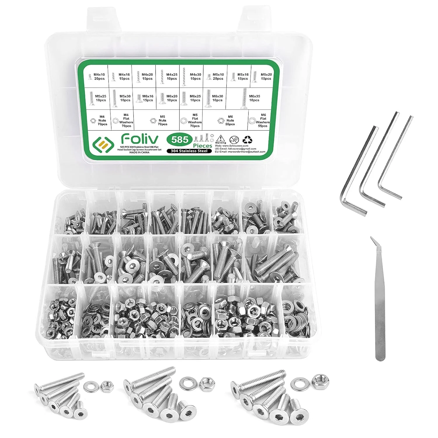 مجموعه پیچ و مهره 585 عددی VIGRUE Foliv شامل پیچ های M4 M5 M6 با سر تخت و دکمه ای، مهره و واشر استیل 304 به همراه جعبه نگهداری مجموعه پیچ و مهره 585 عددی VIGRUE Foliv شامل پیچ های M4 M5 M6 با سر تخت و دکمه ای، مهره و واشر استیل 304 به همراه جعبه نگهداری
