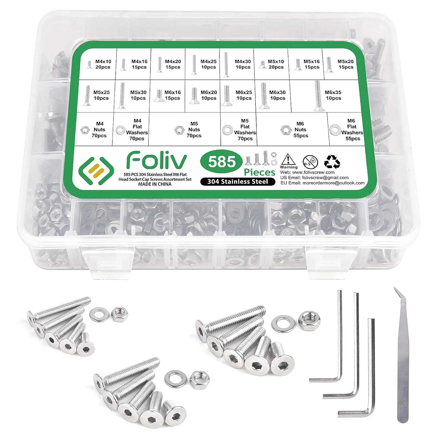 مجموعه پیچ و مهره 585 عددی VIGRUE Foliv شامل پیچ های M4 M5 M6 با سر تخت و دکمه ای، مهره و واشر استیل 304 به همراه جعبه نگهداری مجموعه پیچ و مهره 585 عددی VIGRUE Foliv شامل پیچ های M4 M5 M6 با سر تخت و دکمه ای، مهره و واشر استیل 304 به همراه جعبه نگهداری