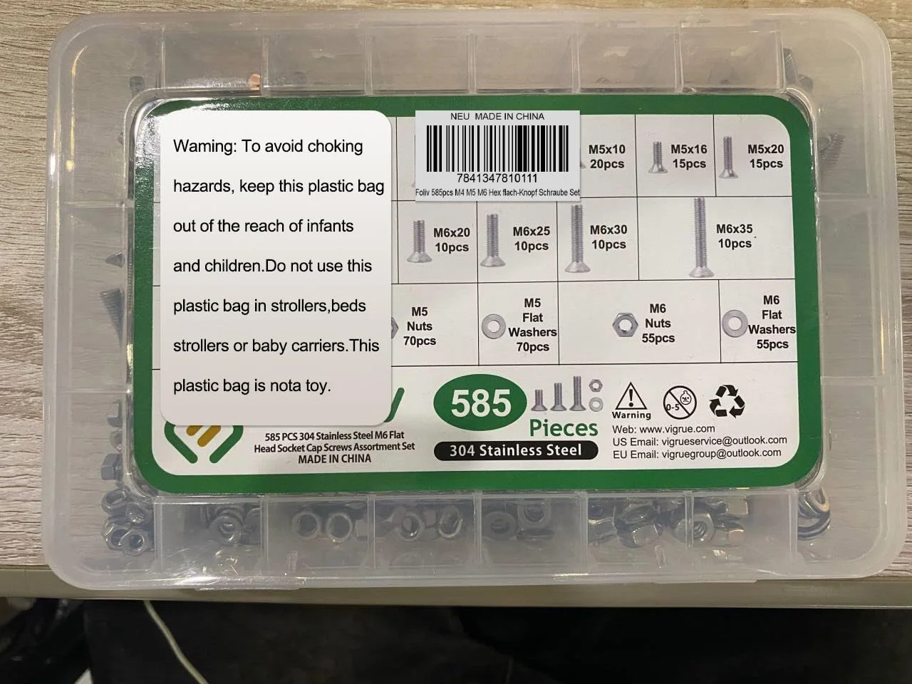 مجموعه پیچ و مهره 585 عددی VIGRUE Foliv شامل پیچ های M4 M5 M6 با سر تخت و دکمه ای، مهره و واشر استیل 304 به همراه جعبه نگهداری مجموعه پیچ و مهره 585 عددی VIGRUE Foliv شامل پیچ های M4 M5 M6 با سر تخت و دکمه ای، مهره و واشر استیل 304 به همراه جعبه نگهداری
