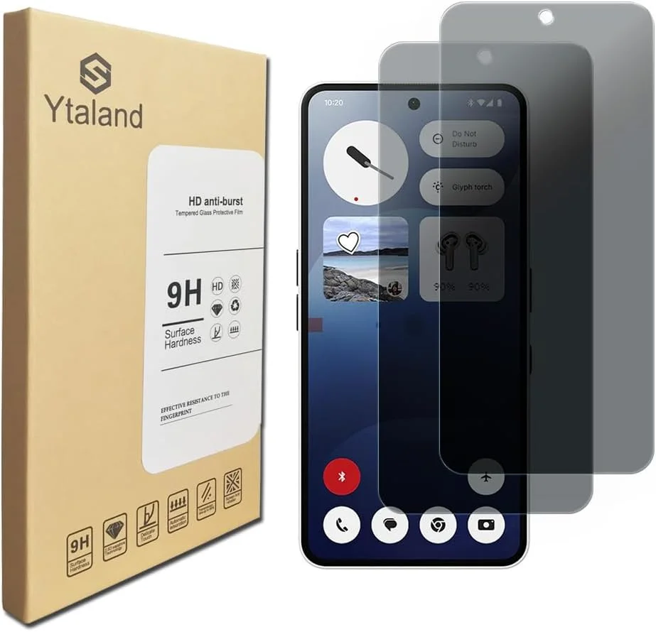 محافظ صفحه نمایش حریم خصوصی Ytaland بسته 2 عددی برای Nothing Phone 3a Pro، شیشه محافظ ضد جاسوسی، فیلم محافظ صفحه نمایش حریم خصوصی، [ضد جاسوسی] [سختی 9H برای شیشه حرارت دیده] [بدون حباب]