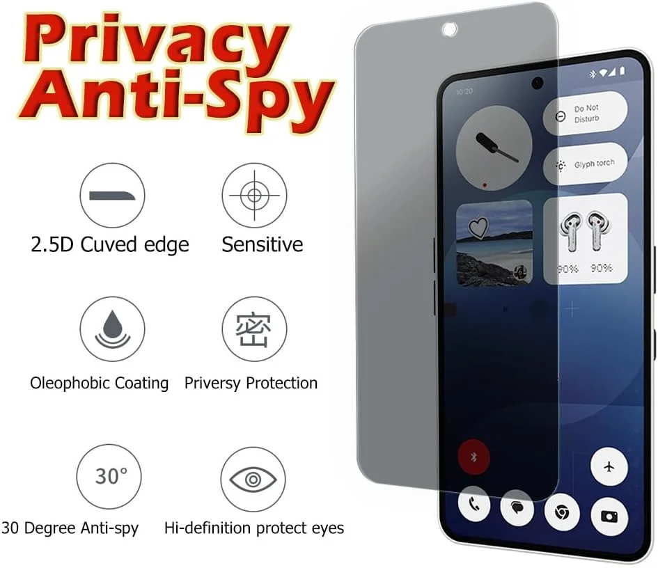 محافظ صفحه نمایش حریم خصوصی Ytaland بسته 2 عددی برای Nothing Phone 3a Pro، شیشه محافظ ضد جاسوسی، فیلم محافظ صفحه نمایش حریم خصوصی، [ضد جاسوسی] [سختی 9H برای شیشه حرارت دیده] [بدون حباب]