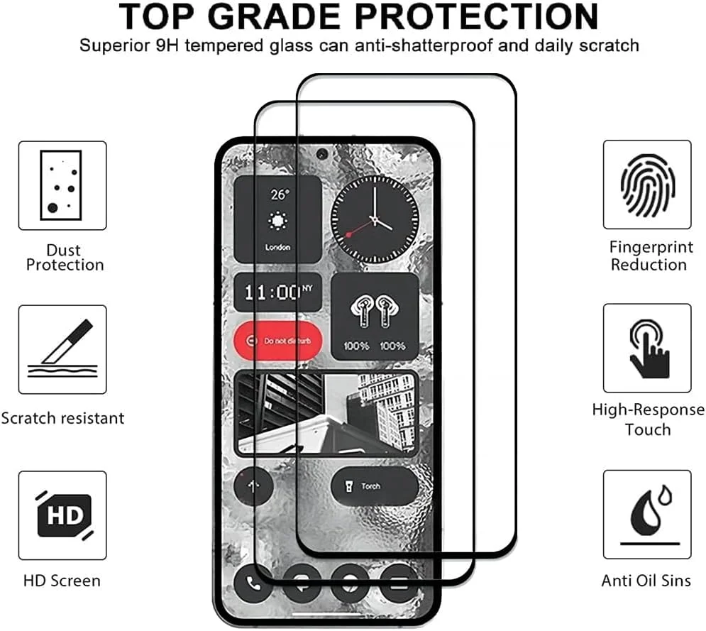 محافظ صفحه نمایش SEIAIYG برای Nothing Phone 2a، [2 عدد] فیلم محافظ صفحه نمایش شیشه ای حرارت دیده منحنی 3D [شفاف HD] [سختی 9H] [سازگار با قاب] برای Nothing Phone 2a